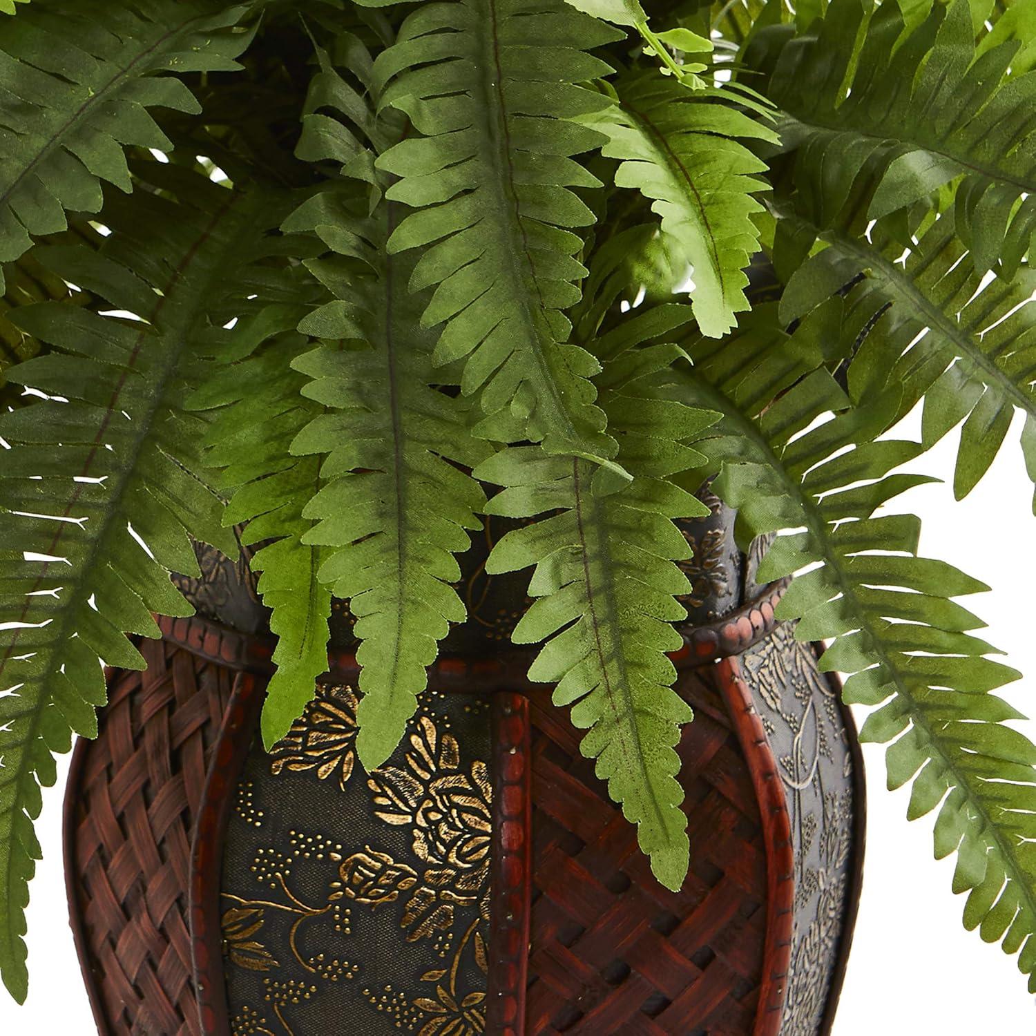 Nearly Natural 20" x 14" Artificial Boston Fern Plant in Decorative Planter Brown - Indoor Faux Foliage Display