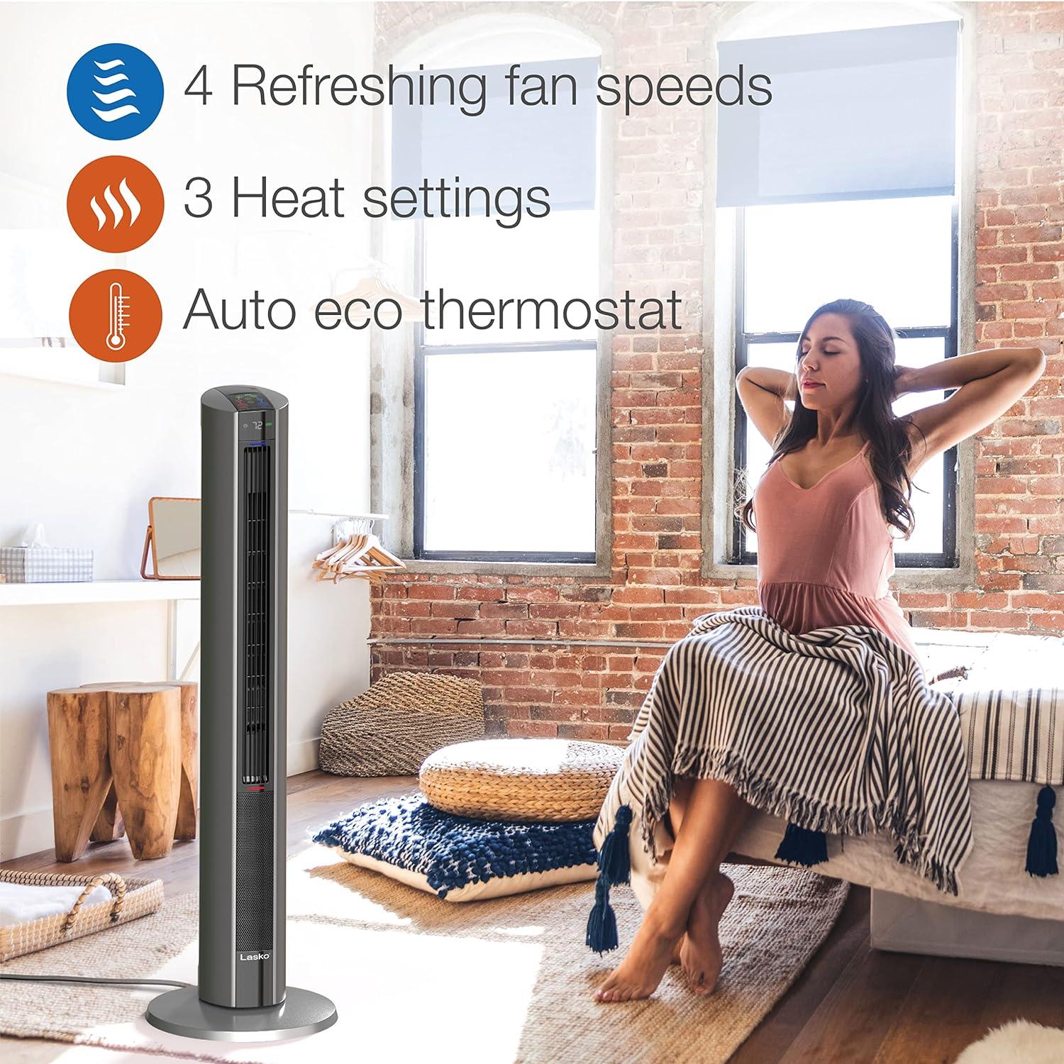 Lasko 42" 1500W All Season Tower Fan and Space Heater with Timer and Remote, Gray, FH515, New