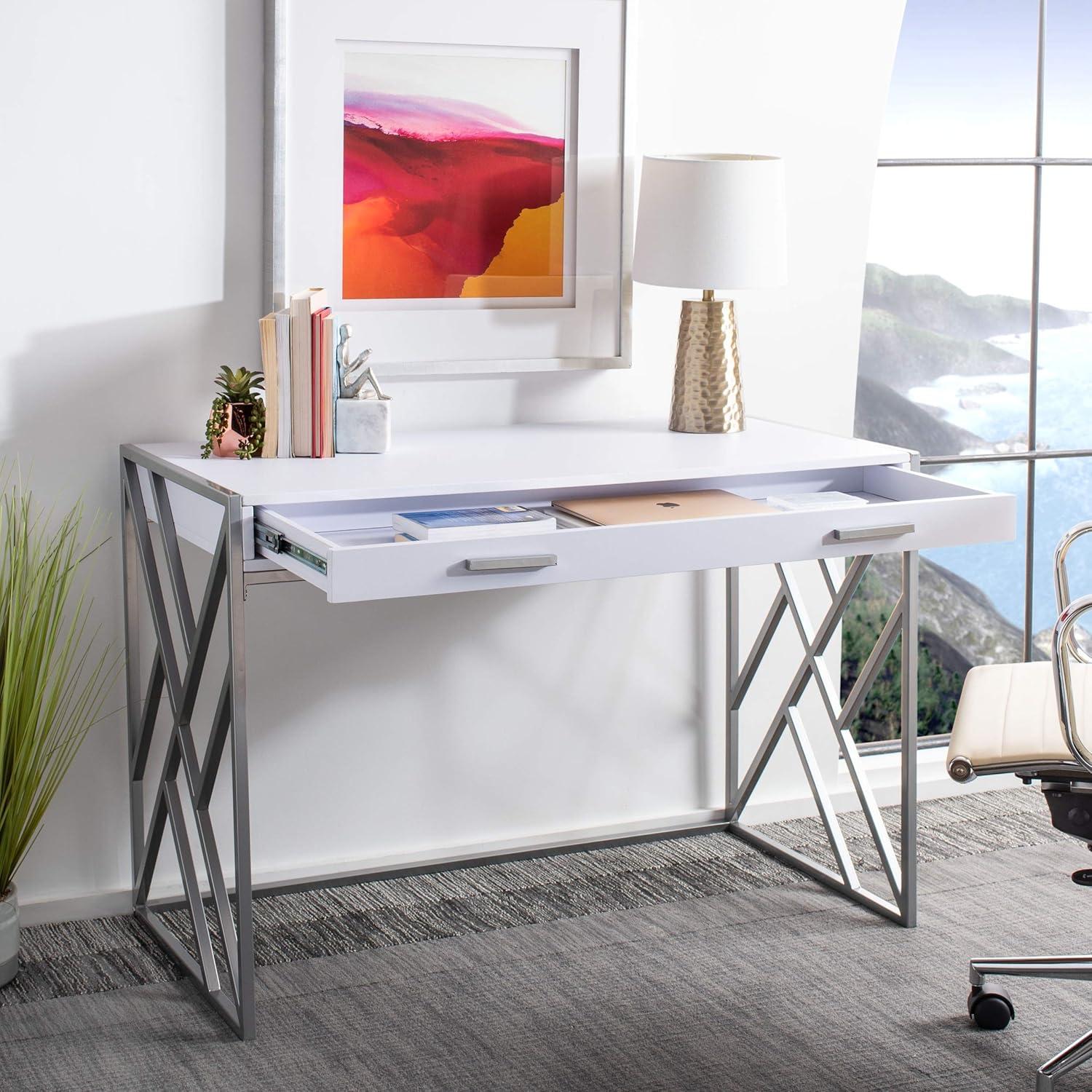 Elaine 1 Drawer Desk - White/Silver - Safavieh