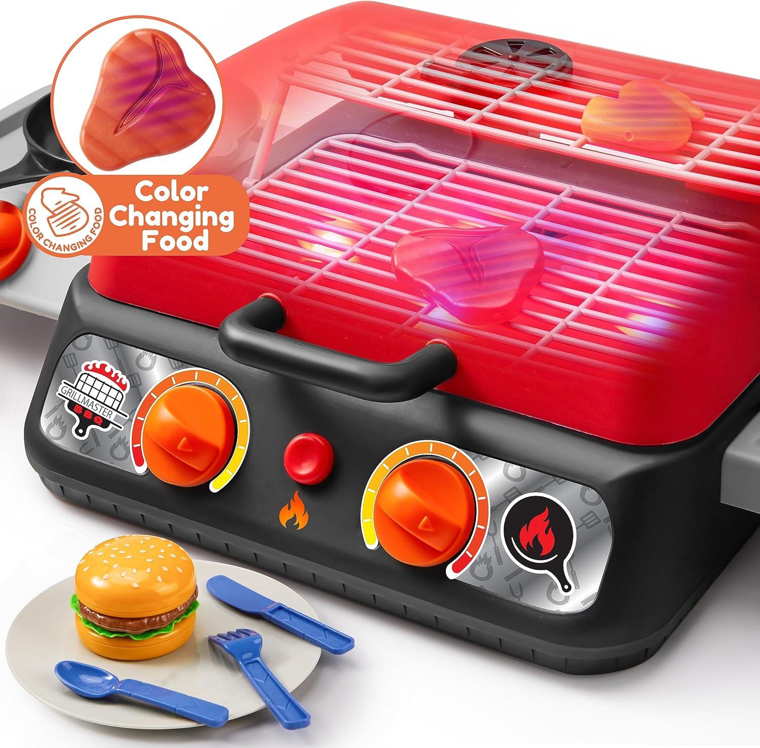 Kids BBQ Grill Playset, Kitchen Toy Set with Pretend Smoke, Light,Indoor Outdoor Cooking Toy for Boys Girls Kids