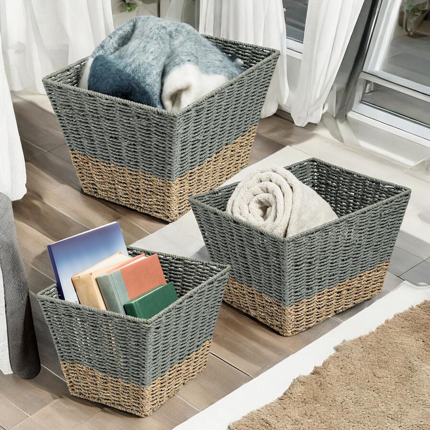 Honey-Can-Do Seagrass Set of 3 Square Nesting Storage Baskets, Natural and Gray