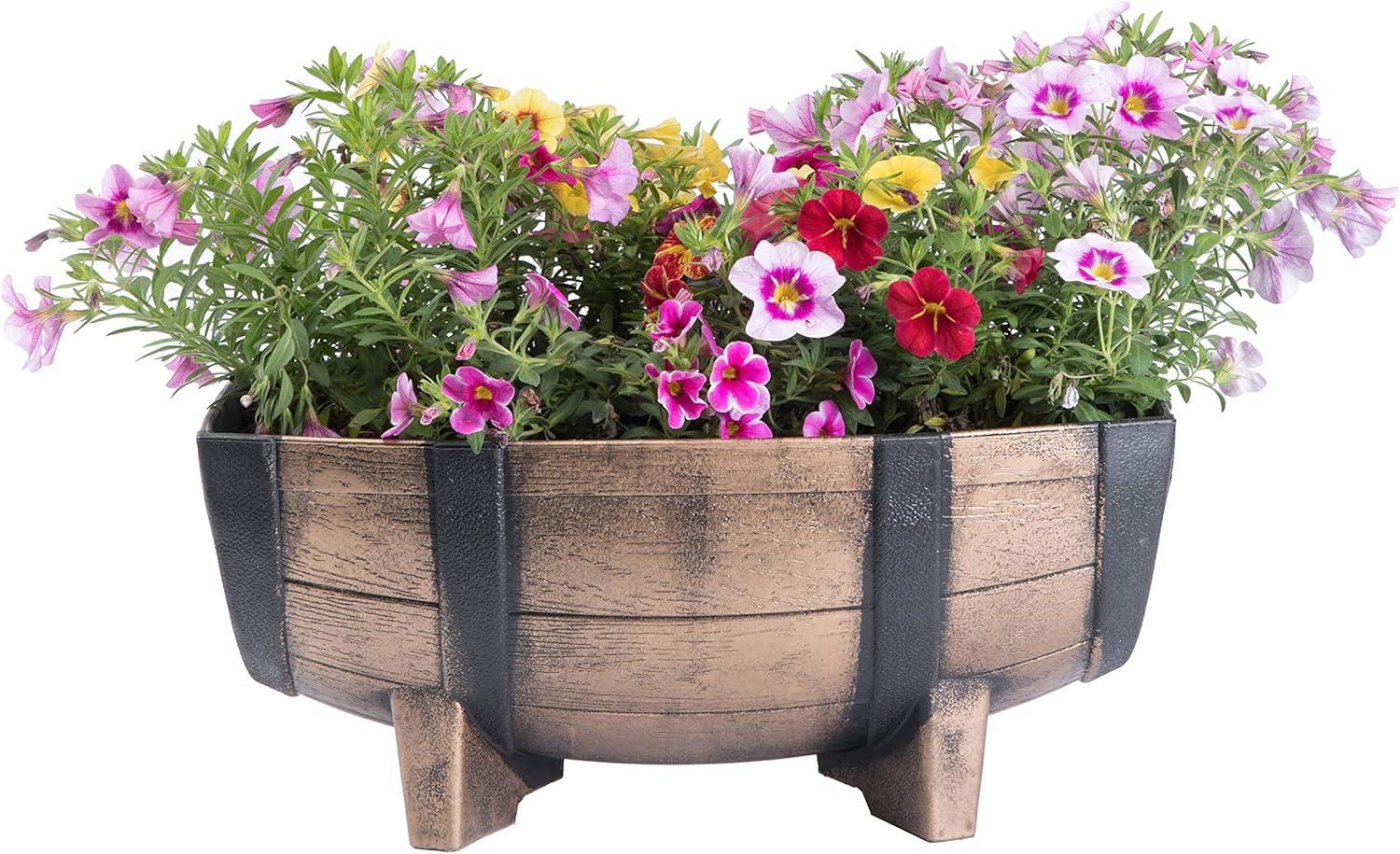 Gardenised Rustic Wood- Look Plastic Half Barrel Flower Pot Garden Planter, Pack of 2