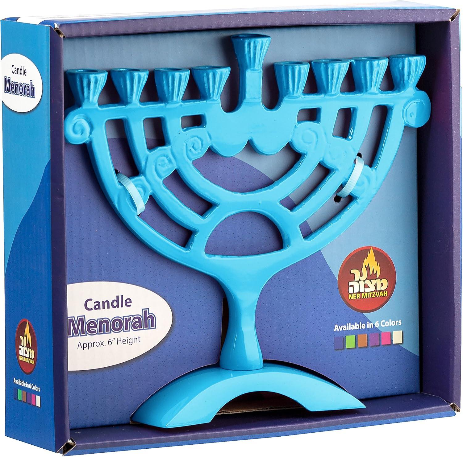 Ner Mitzvah, 6" Standard Size, Colored Rounded Hannukah Candle Menorah - Blue Color