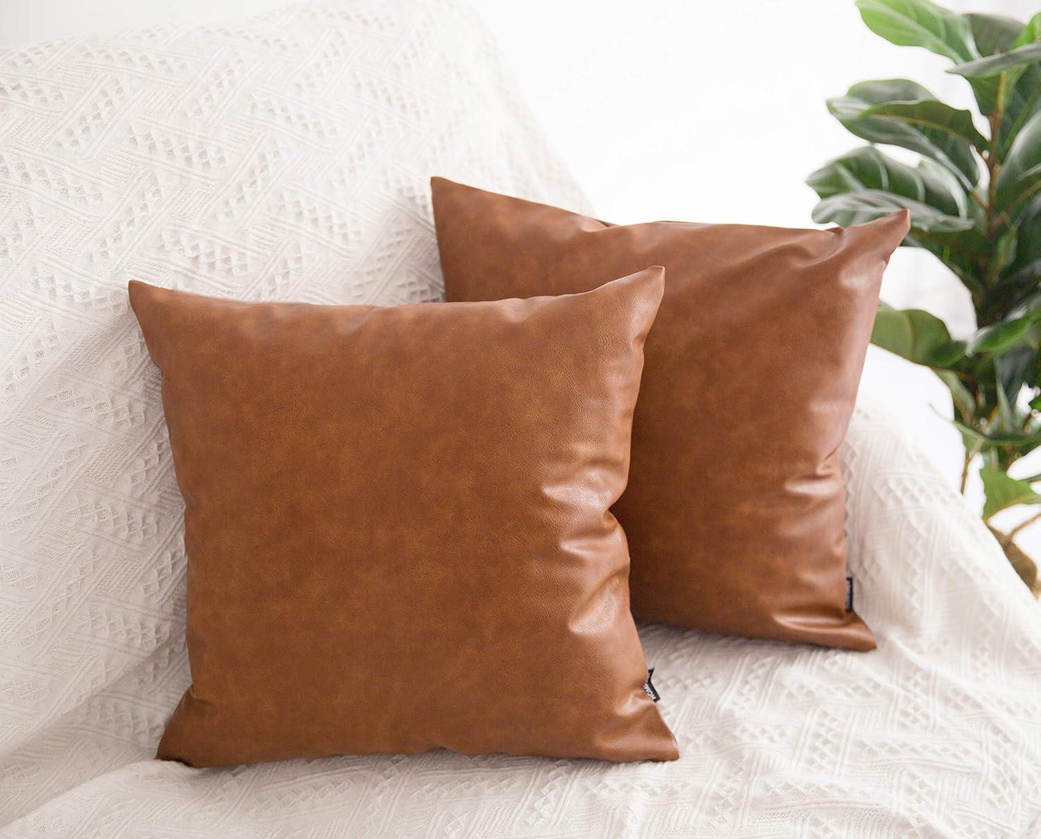 Cognac Brown Faux Leather 20" Square Throw Pillow Covers, Set of 2