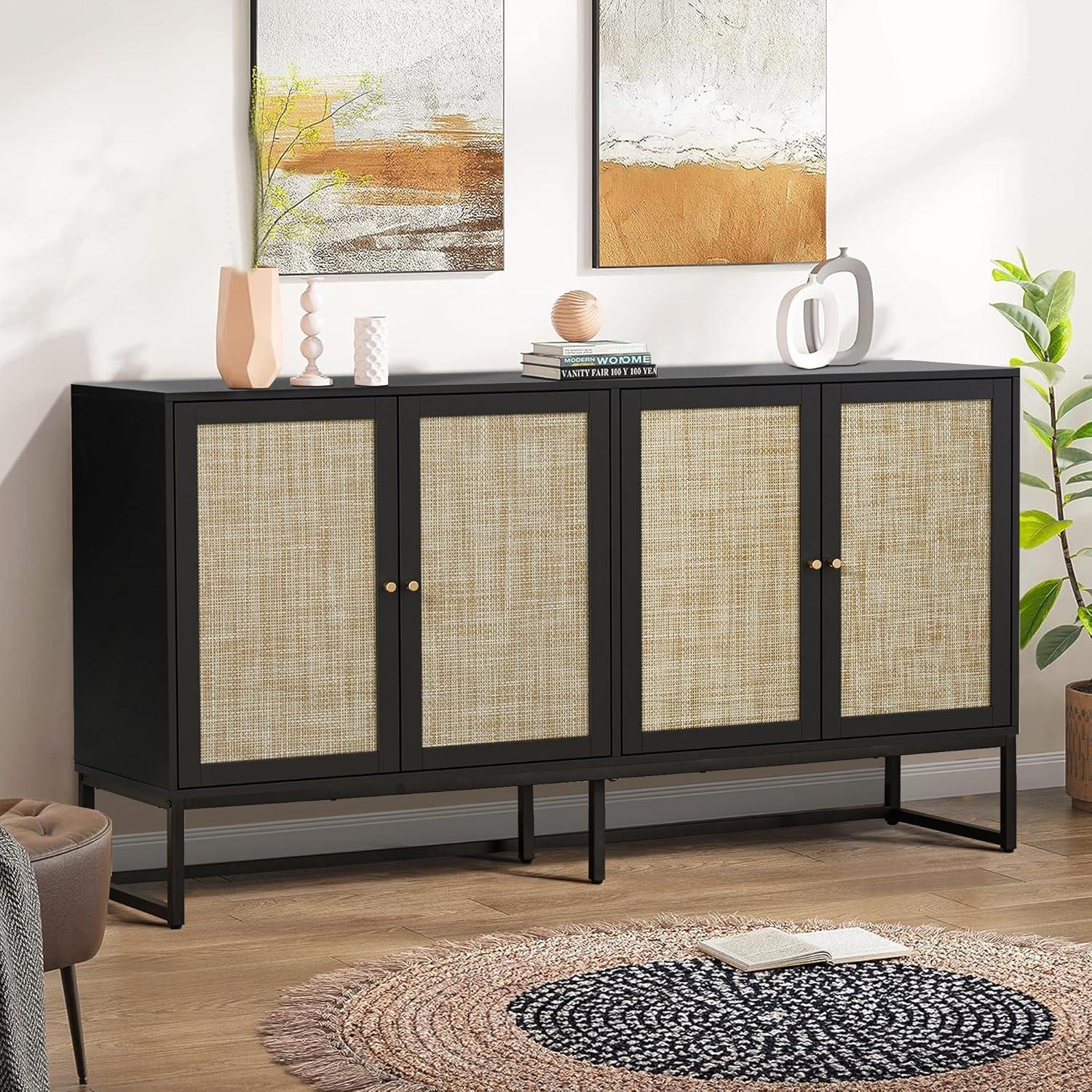 PORKISS Rattan Buffet Sideboard, Credenza Storage Cabinet with 4 Doors and Adjustable Shelve, Accent Cabinet for Dining Room, Kitchen, Living Room, Black