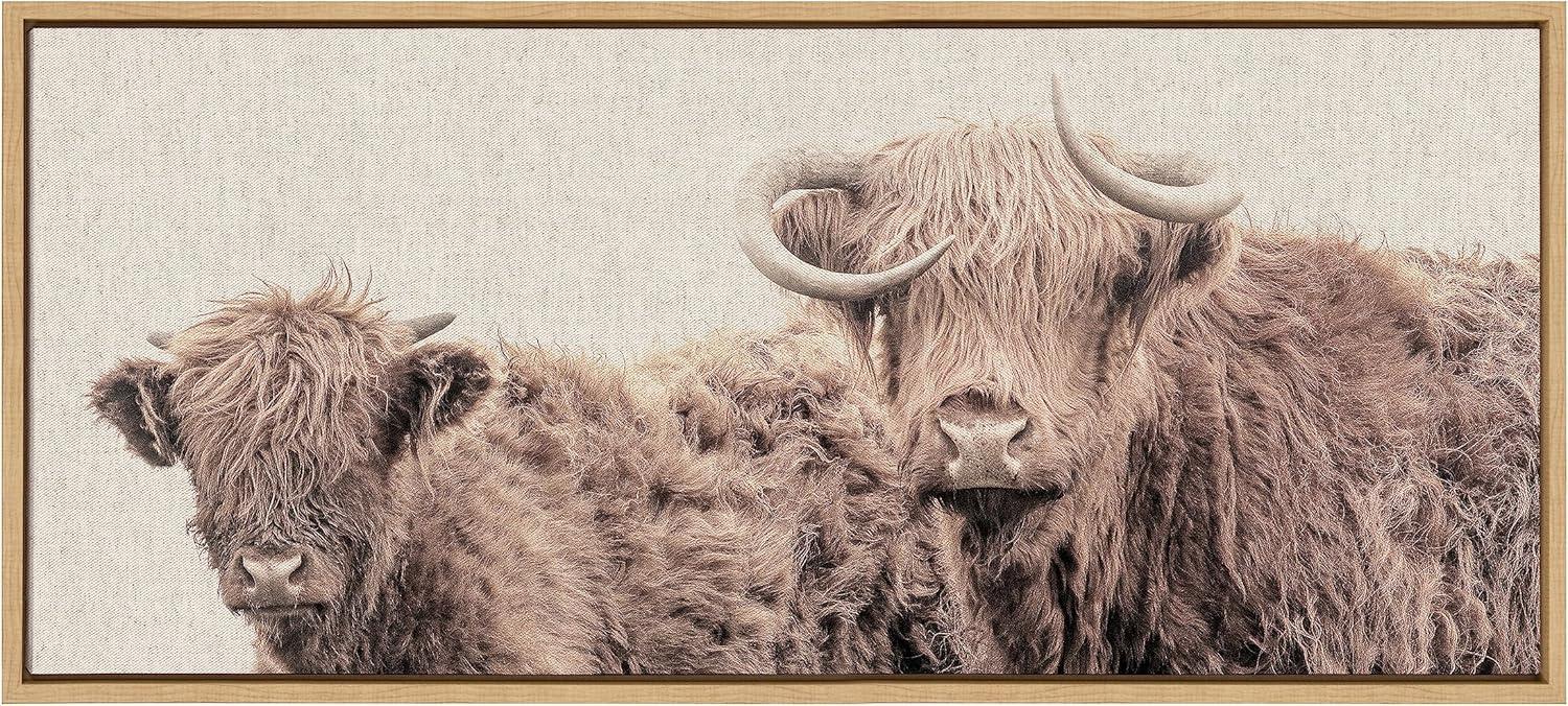 Kate and Laurel Sylvie Two Highland Cow Best Friends Color Neutral Linen Bright Framed Canvas Wall Art by The Creative Bunch Studio, 18x40 Natural, Wide Farm Animal Portrait Art for Wall