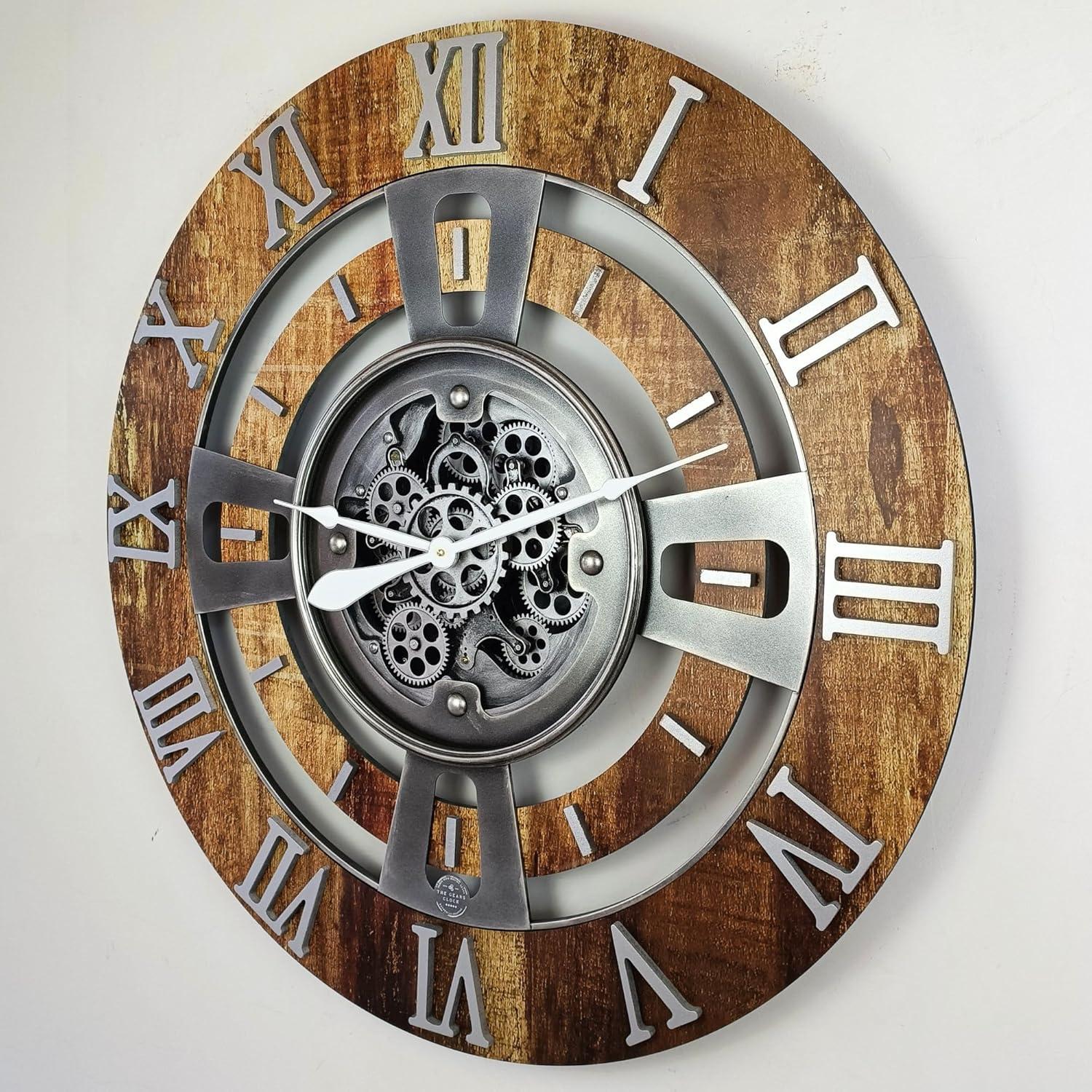 The Gears Clock Wall Clock 36" Oversized for Living Room decor with Real Moving Gears England Collection