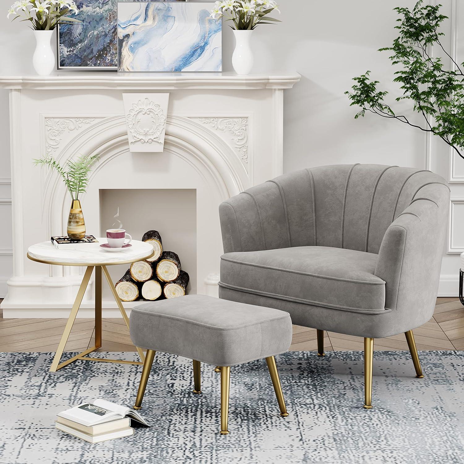 Gray Velvet Barrel Accent Chair with Ottoman and Gold Legs