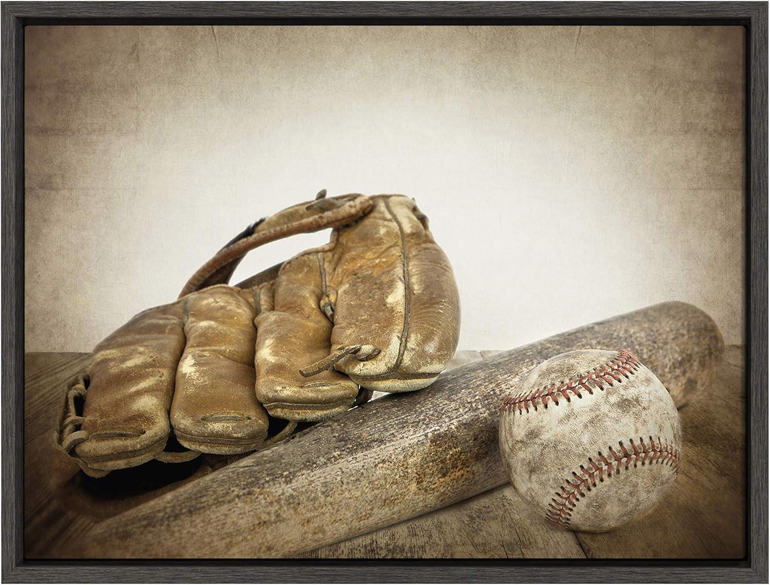 DesignOvation 18" x 24" Sylvie Baseball Glove And Bat Framed Canvas by Shawn St. Peter: Vintage Sports Wall Decor