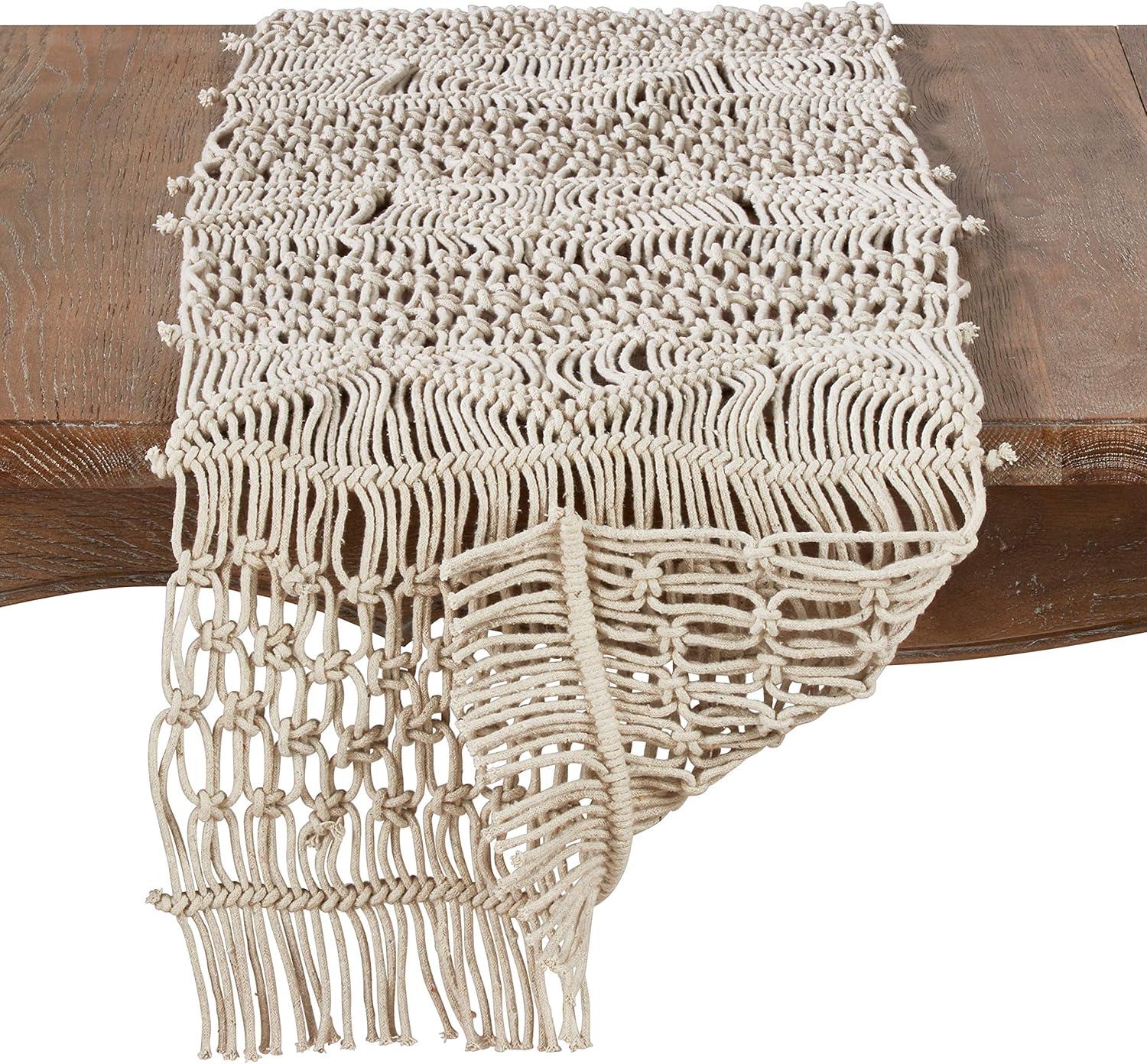 Natural Cotton Macramé Fringe Table Runner, 16" x 72"