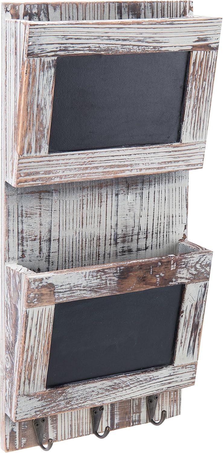 MyGift Rustic Wood Wall-Mounted 2-Slot Mail Sorter Organizer with Chalkboard Surface and 3 Key Hook Rack