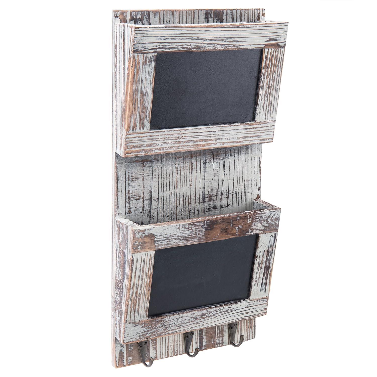 MyGift Rustic Wood Wall-Mounted 2-Slot Mail Sorter Organizer with Chalkboard Surface and 3 Key Hook Rack