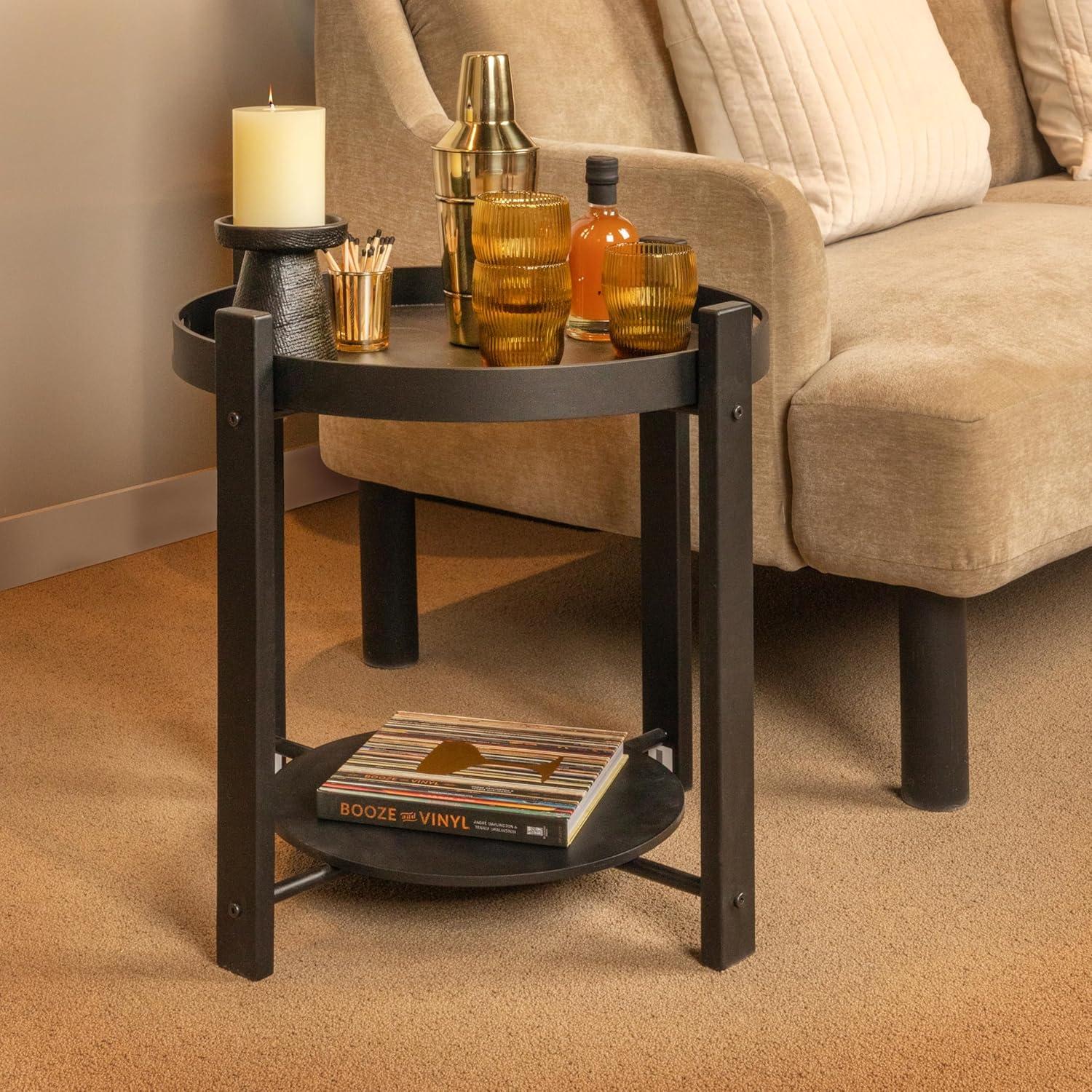 Round Black Fir Wood and Metal Tray Table