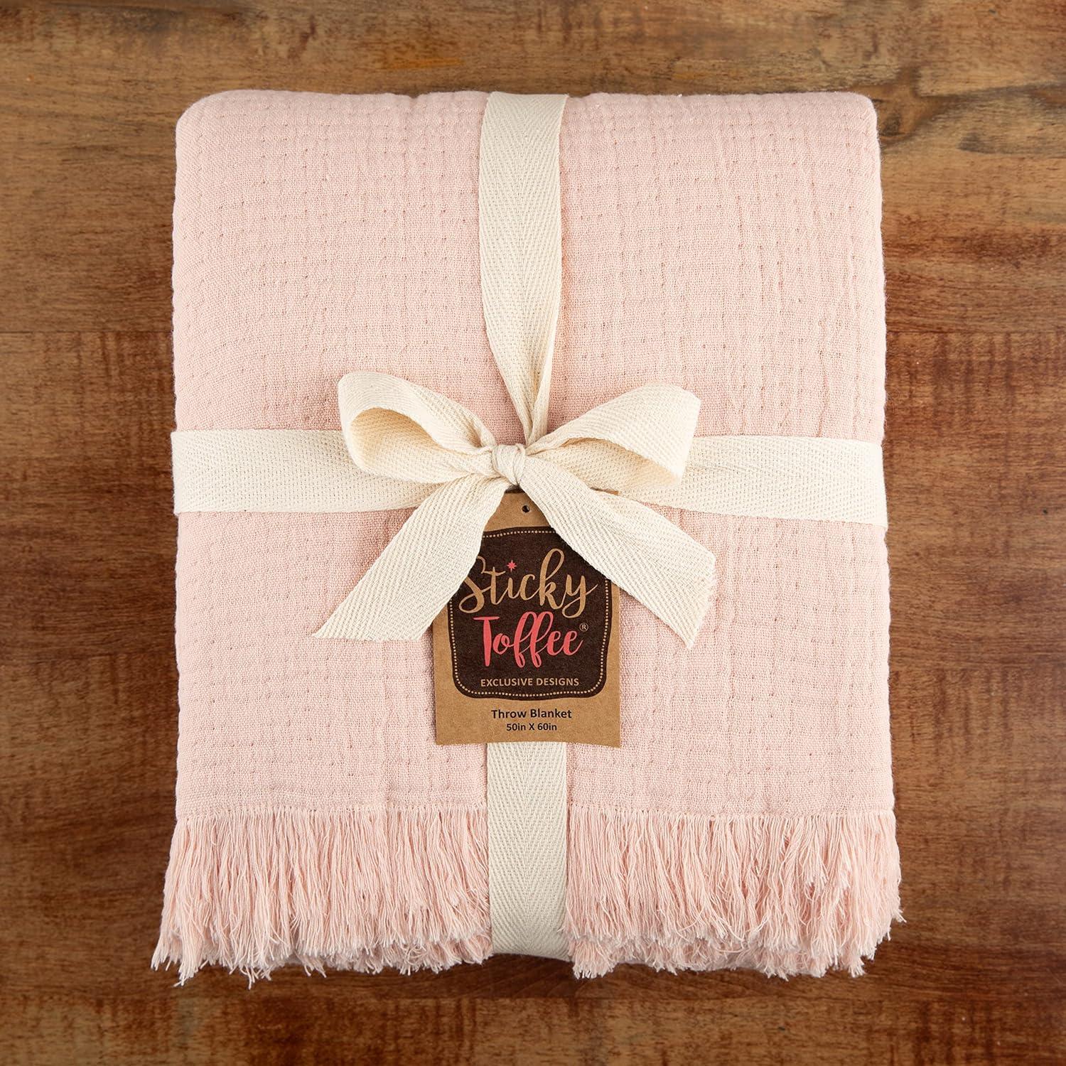 Sticky Toffee Muslin Throw Blanket for Adults, 100% Cotton, 60x50 in, Soft Lightweight and Breathable Throw for Couch, Blush Pink