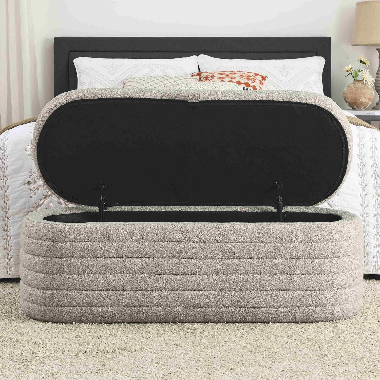 Gray Upholstered Fabric Storage Ottoman Bench with Safety Hinge