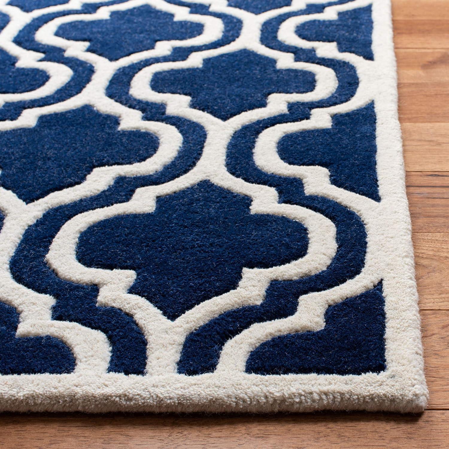 Hand-Tufted Dark Blue and Ivory Wool 8' x 10' Area Rug