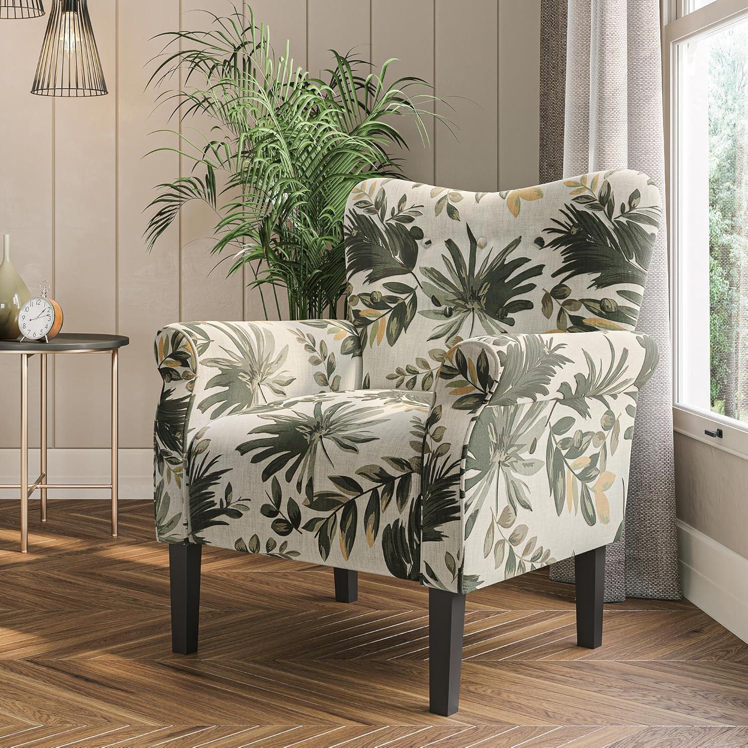 Green Floral Tufted Back Accent Chair with Wood Legs