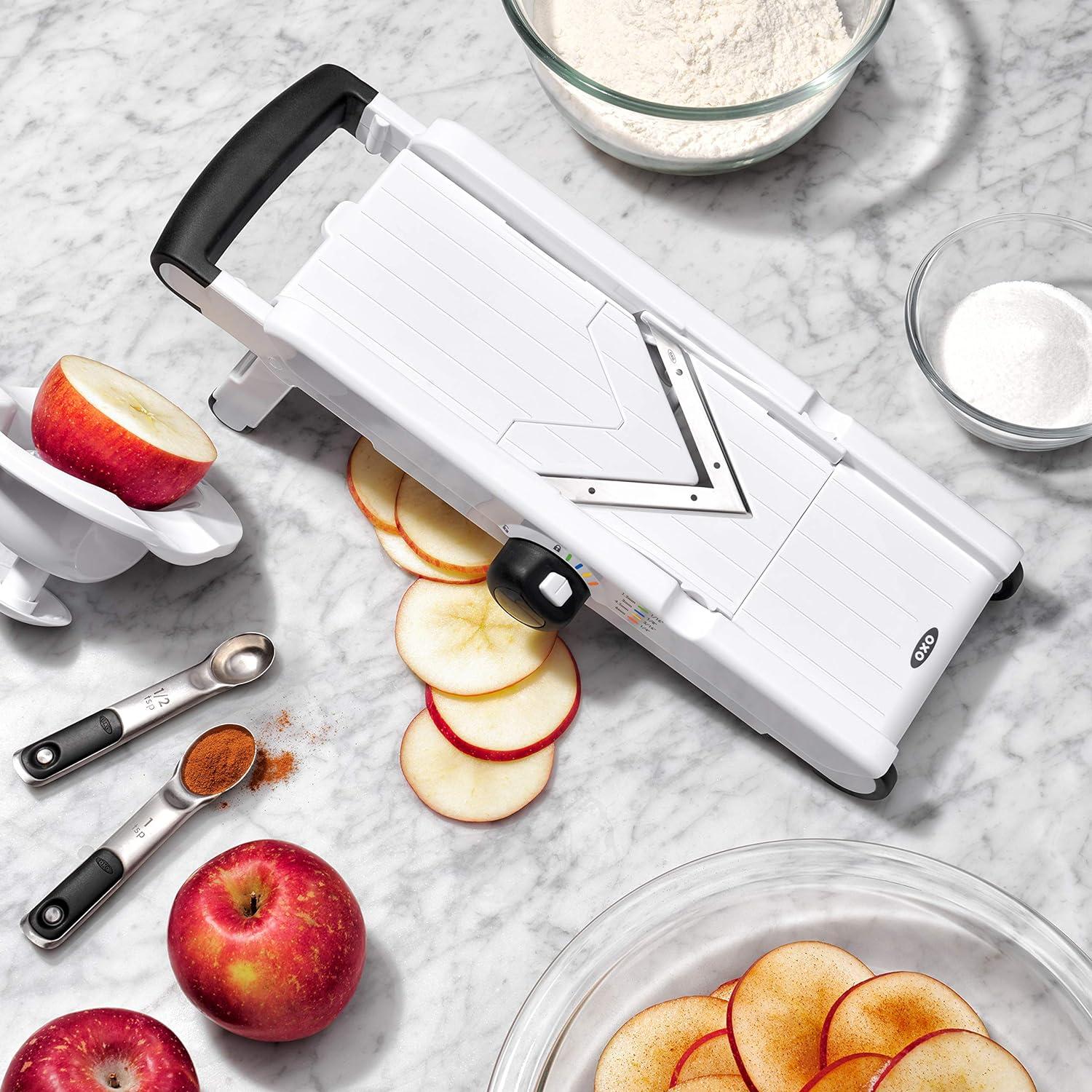 White Adjustable V-Blade Mandoline Slicer with Safety Holder