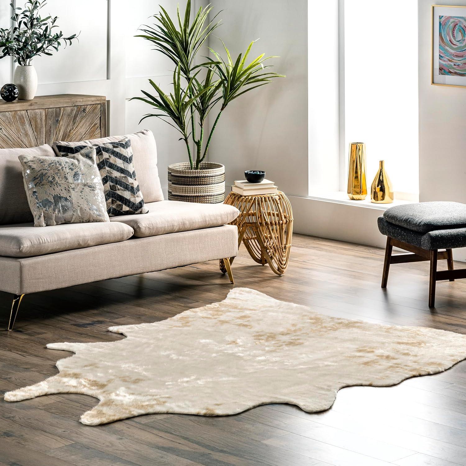 nuLOOM Marcia SpinClean Machine Washable Faux Cowhide Area Rug, 3' 10" x 5', Shaped, Marcia Off-white