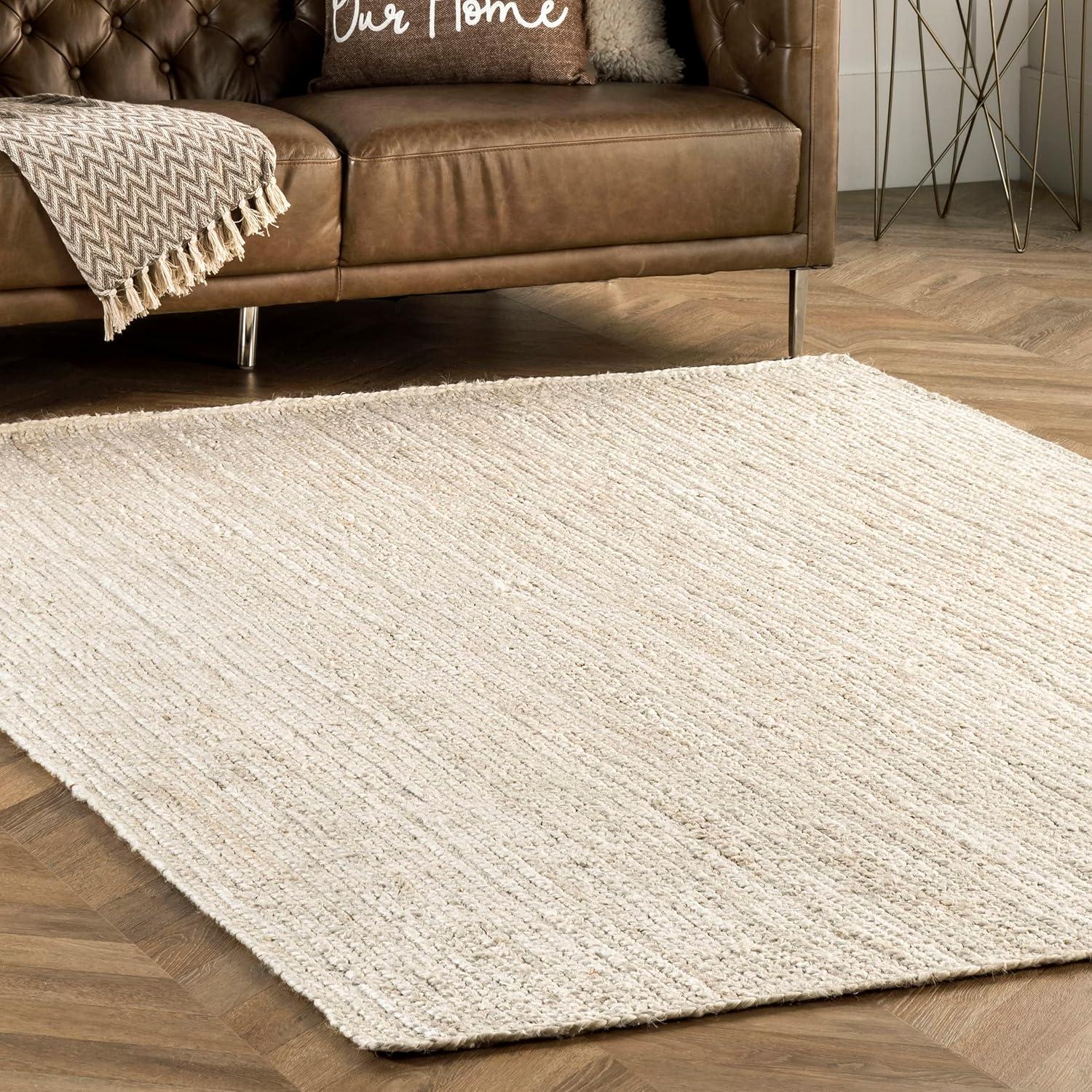 Nuloom 6x9 Rigo Jute Hand Woven Indoor Area Rug, Off White, Solid Farmhouse Design, Natural Fiber Bedroom, Living Room, Kitchen,