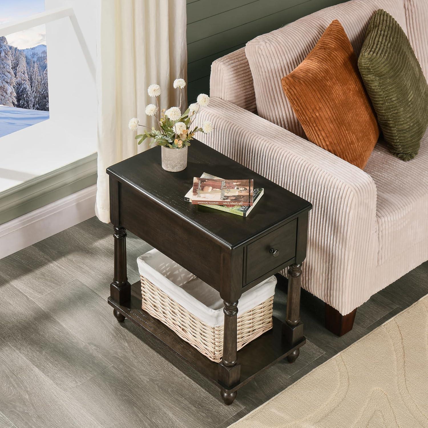 JESONVID Solid Wood Rectangular End Table with Storage, Antique Black