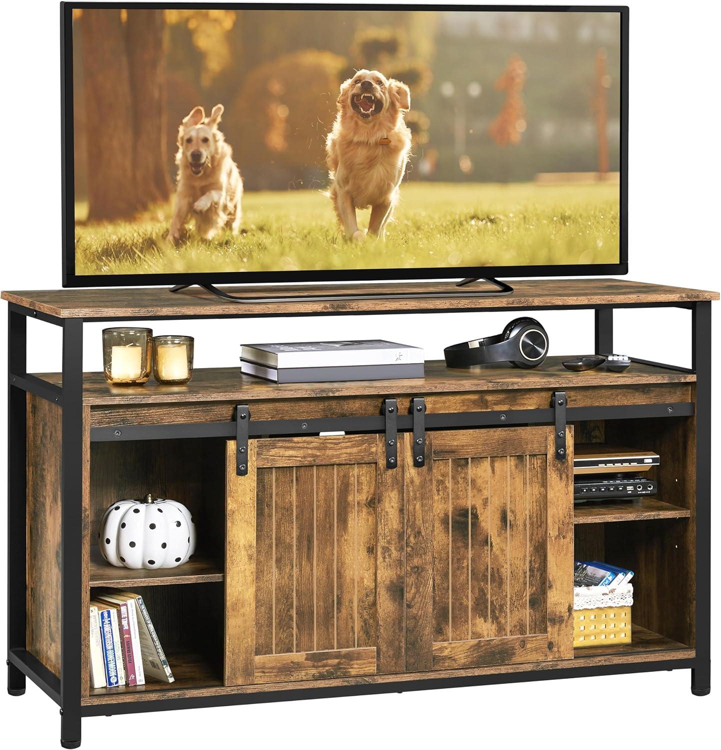 Alden Design Industrial Wooden Television Stand with Sliding Barn Doors for TVs up to 65in, Rustic Brown
