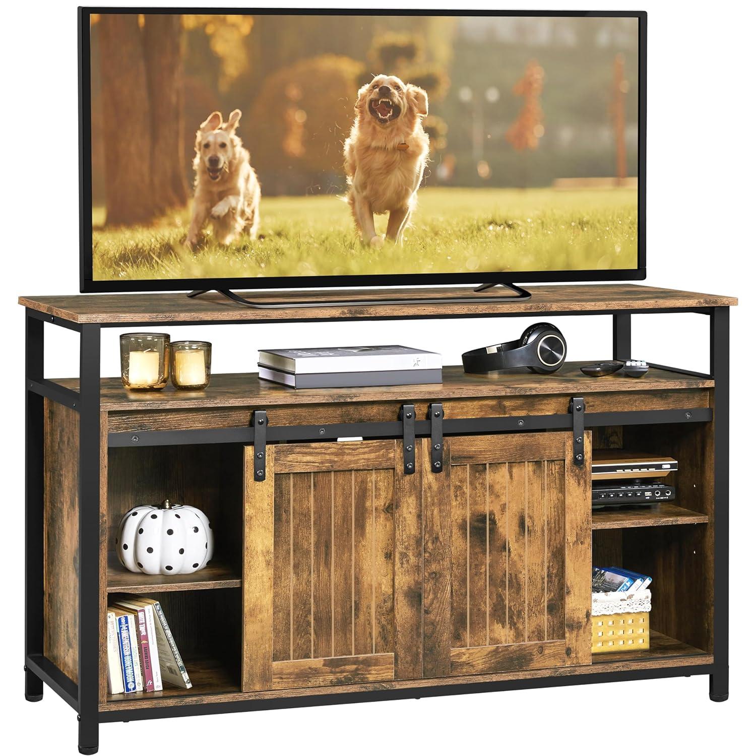 Alden Design Industrial Wooden Television Stand with Sliding Barn Doors for TVs up to 65in, Rustic Brown