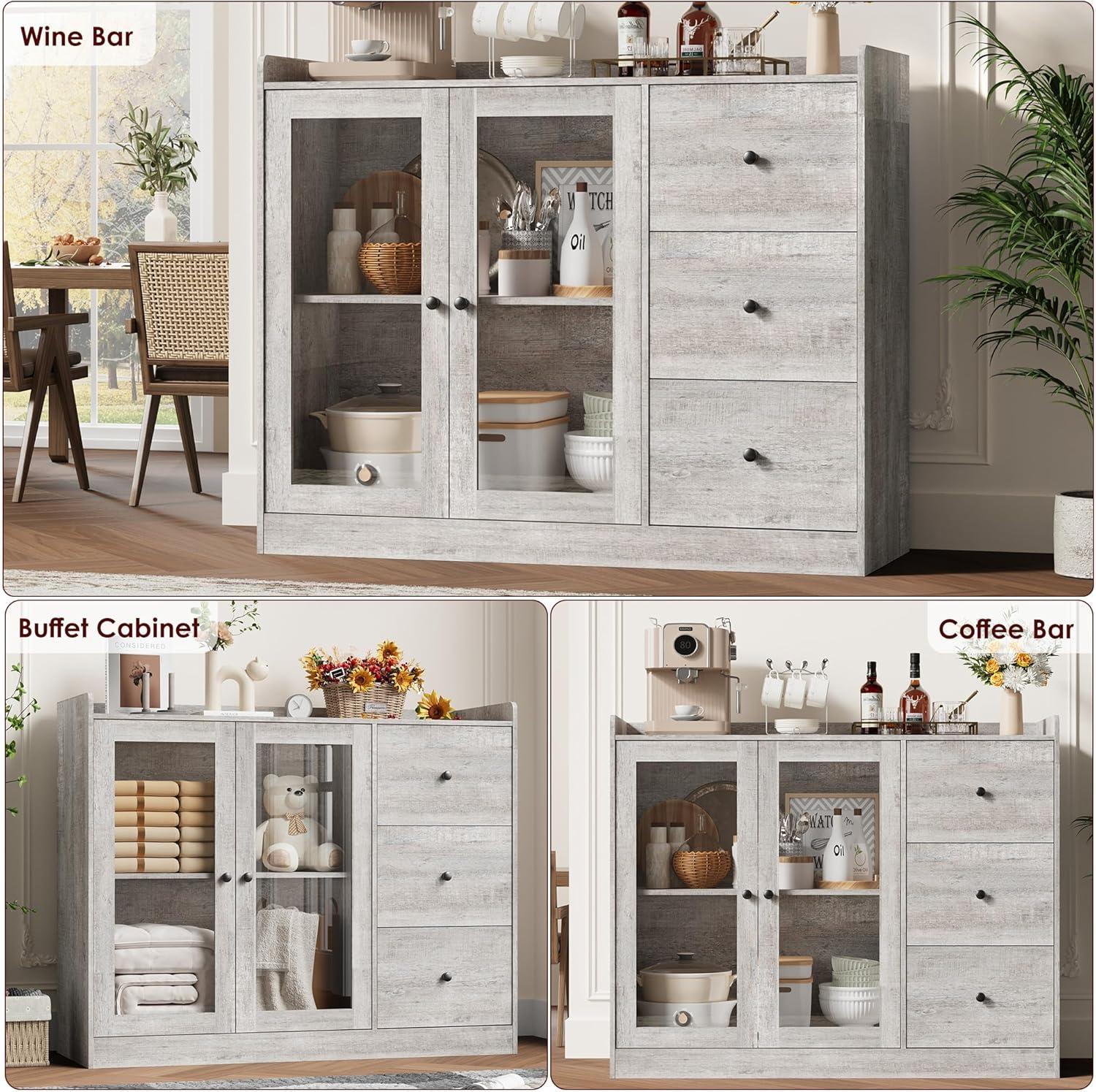 WALYWIK Sideboard Buffet Cabinet with Storage, 43" Coffee Bar Cabinet with Glass Doors and 3 Drawers, Storage Cabinet with Adjustable Shelves for Kitchen, Dining Room, Grey