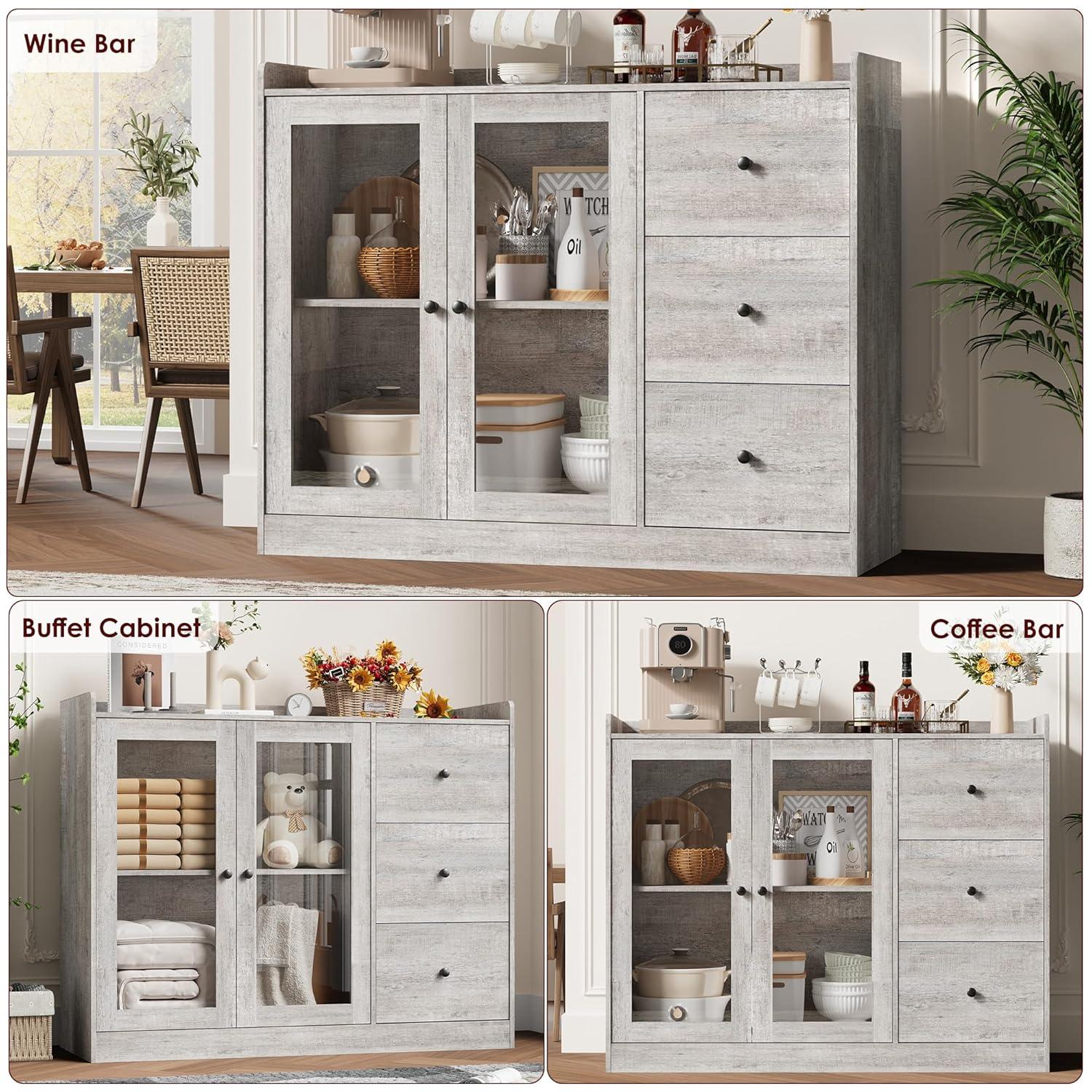 WALYWIK Sideboard Buffet Cabinet with Storage, 43" Coffee Bar Cabinet with Glass Doors and 3 Drawers, Storage Cabinet with Adjustable Shelves for Kitchen, Dining Room, Grey