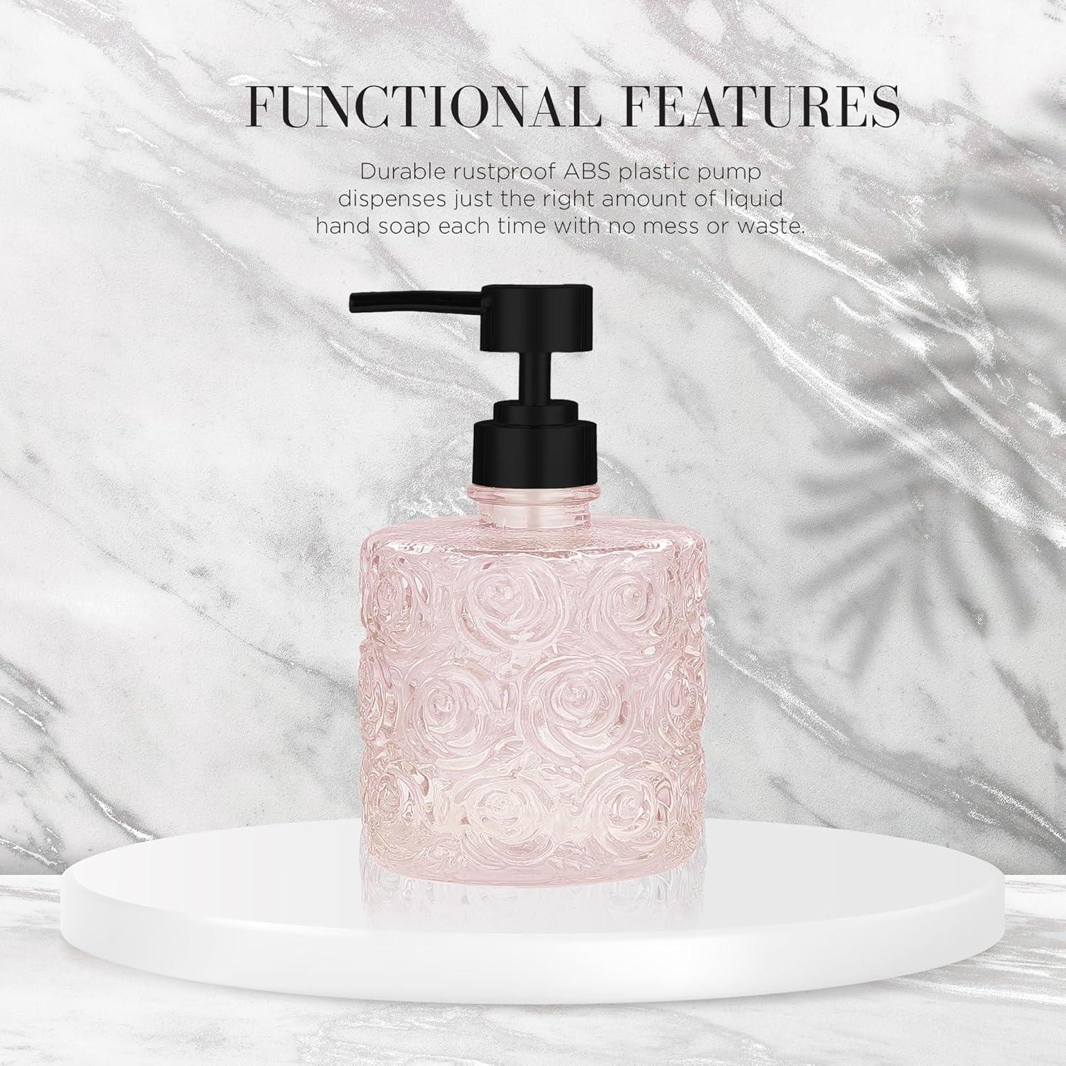 Marcella Glass Soap Dispenser with Soap Pump, Refillable 14 Ounce Capacity, Floral Design Rose Patterns, Heavy Weight Thick Glass for Bathroom, Premium Kitchen Soap Dispenser Peach Blush