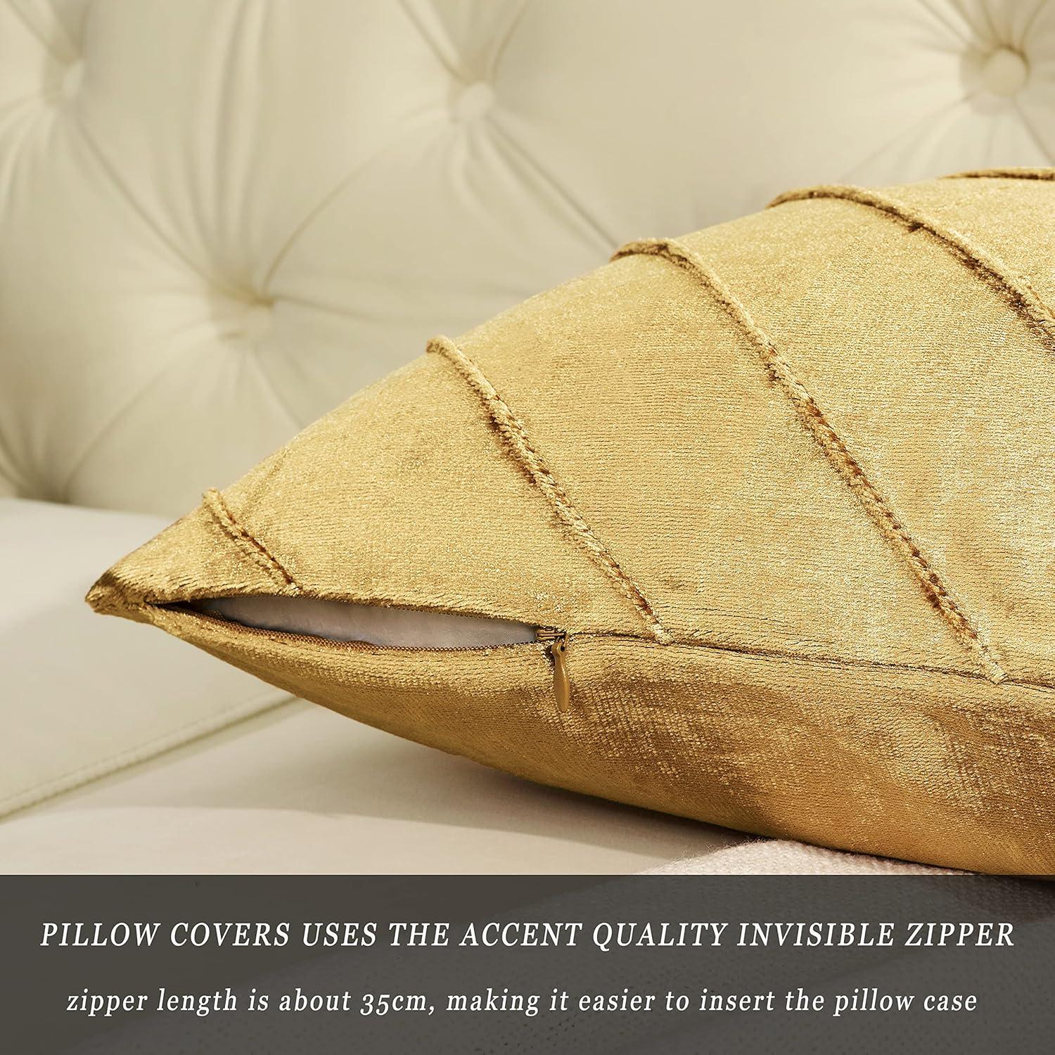 Gold Stripe Velvet Cushion Covers - Set of 2 | 18x18 Sofa Throw Pillow Cases | Decorative Living Room Couch Accent Covers