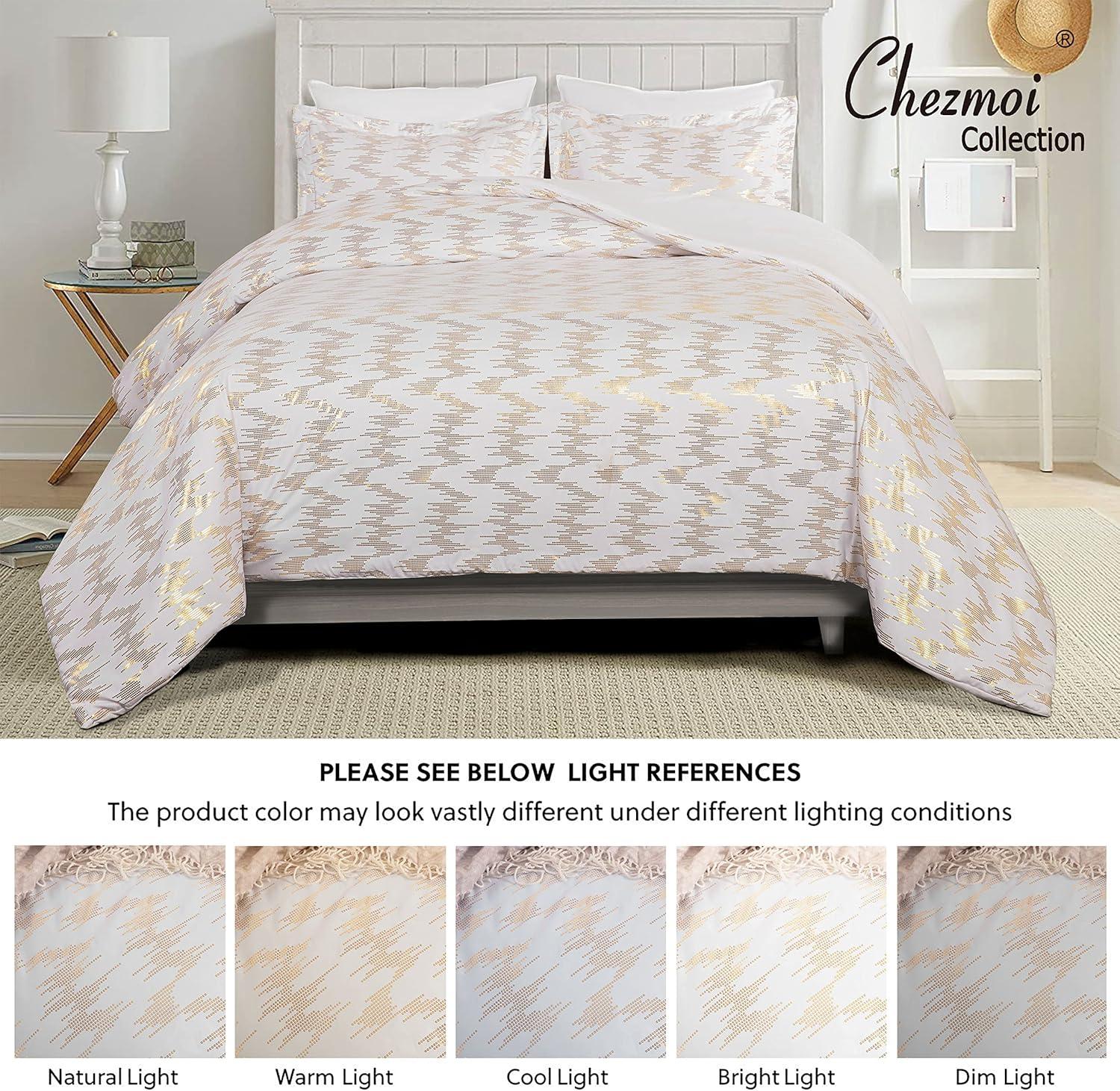 Chezmoi Collection Samantha 3-Piece White Printed Sound Wave Vector Gold Metallic Comforter Set, Queen Size