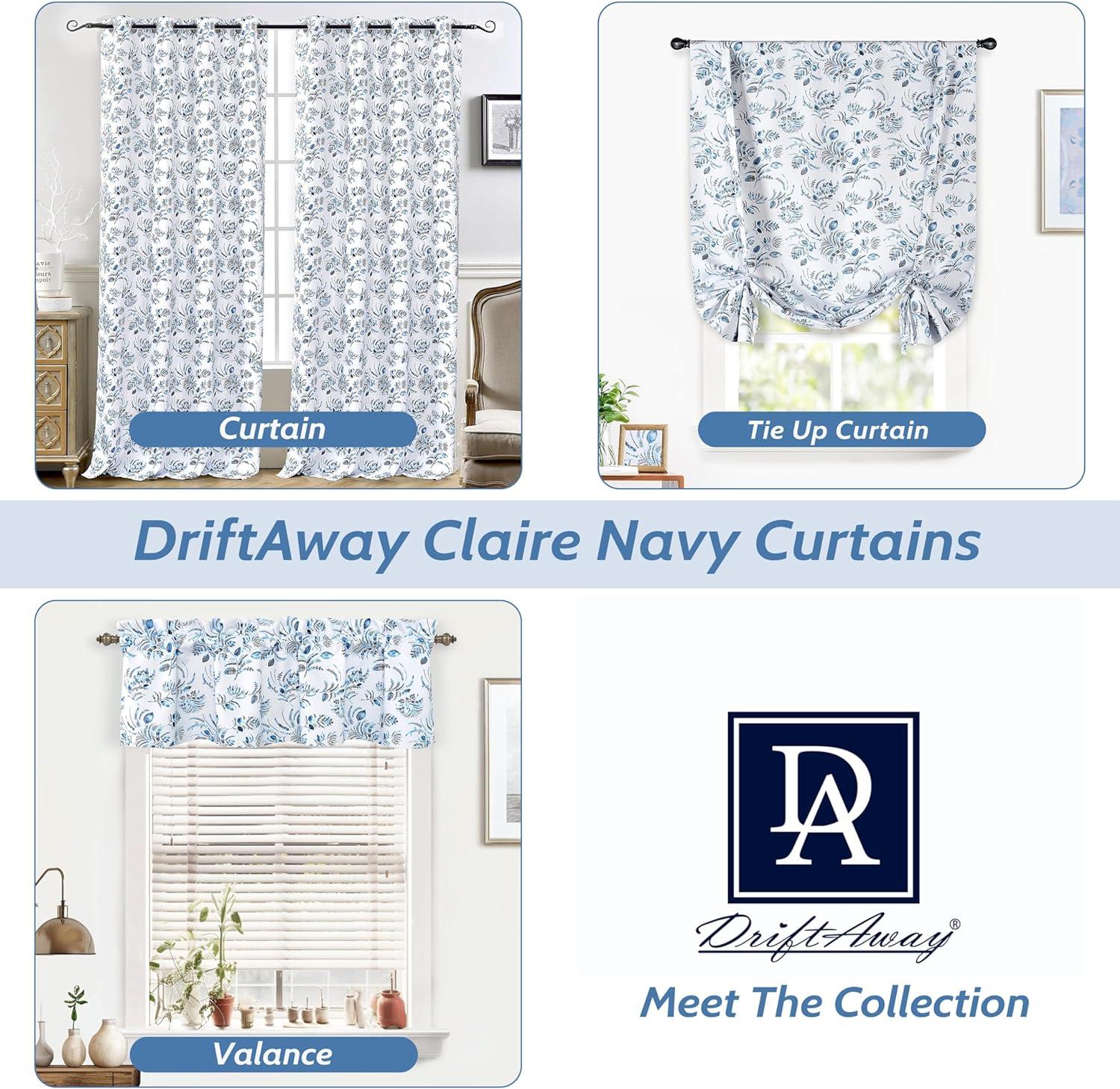 Navy Blue Floral Leaves Rod Pocket Valance, 52 x 18 Inch