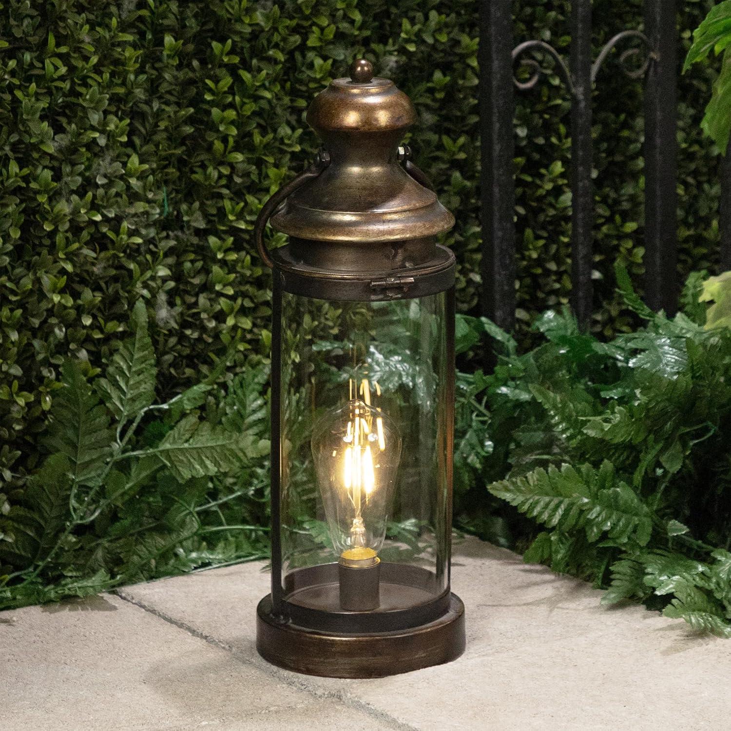 Gold Metal & Glass Lantern with Warm White LED Patio Light, Small