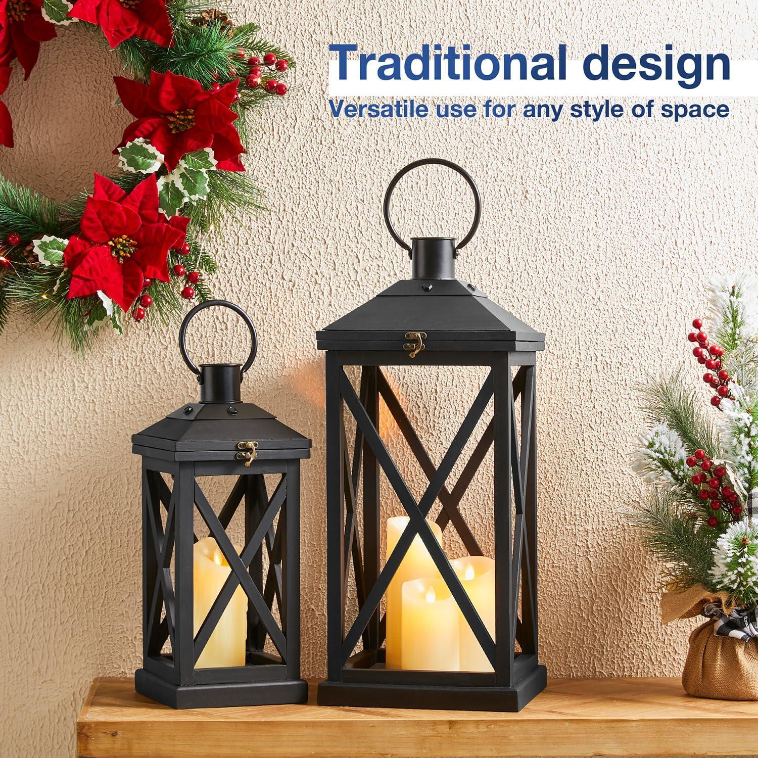 Glitzhome Modern Farmhouse Wooden Lantern Hanging Decorative Candle Lantern for Outdoor & Indoor Black Set of 2 (No Glass)