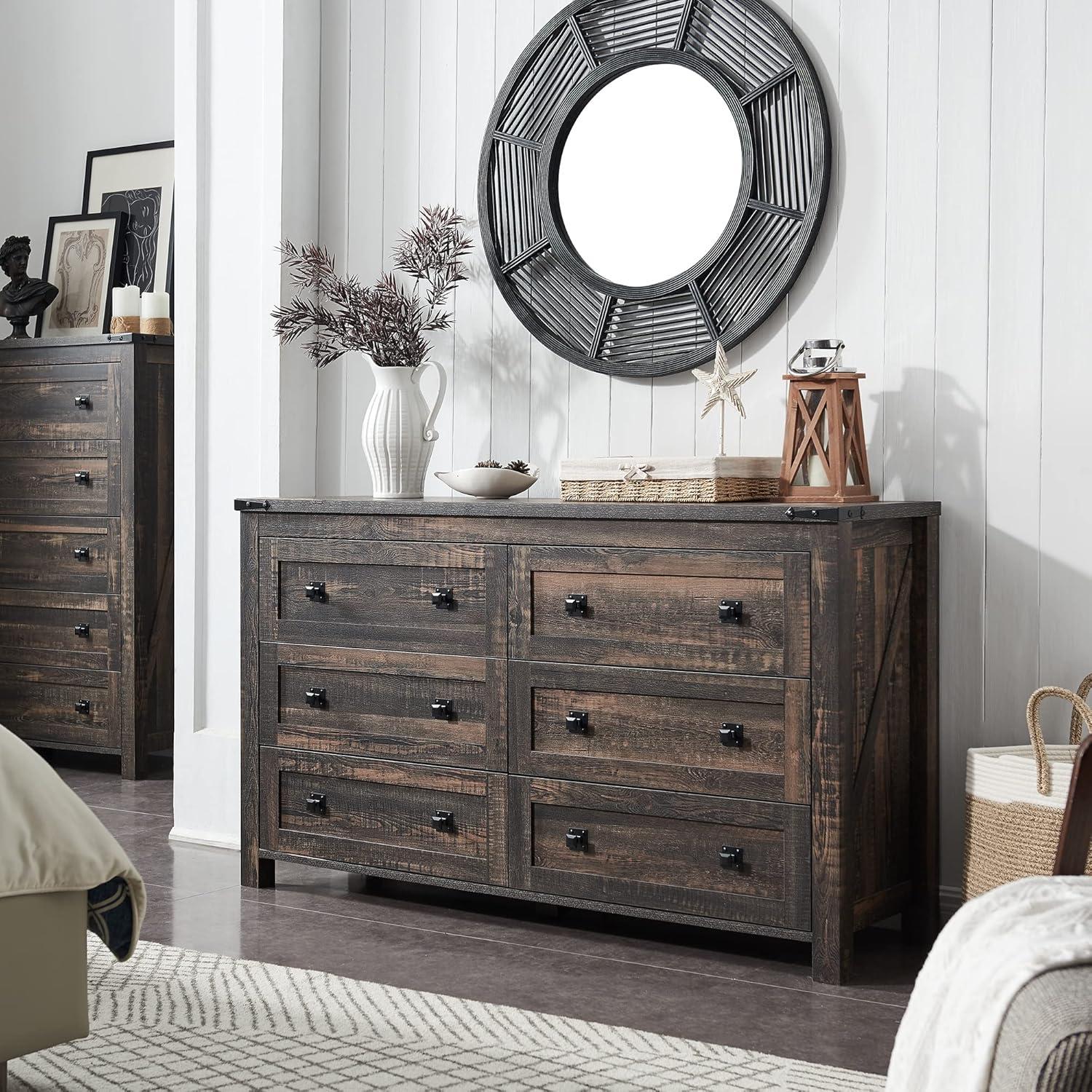 Farmhouse 6-Drawer Dresser - Rustic Dark Oak Storage, 54"L x 16"D x 31"H, Barn Door Style, Antique Brass Knobs, Wide Chest Organizer for Bedroom/Living Room