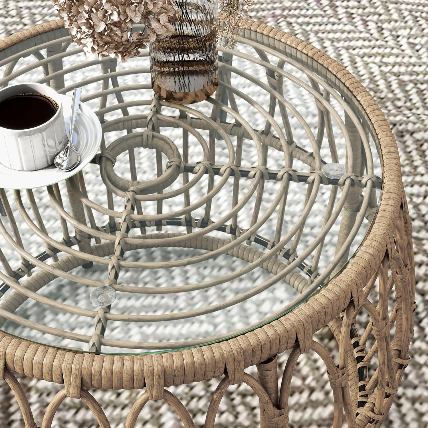 Furniture of America Roja Round Glass Top and Rattan Natural Coffee Table