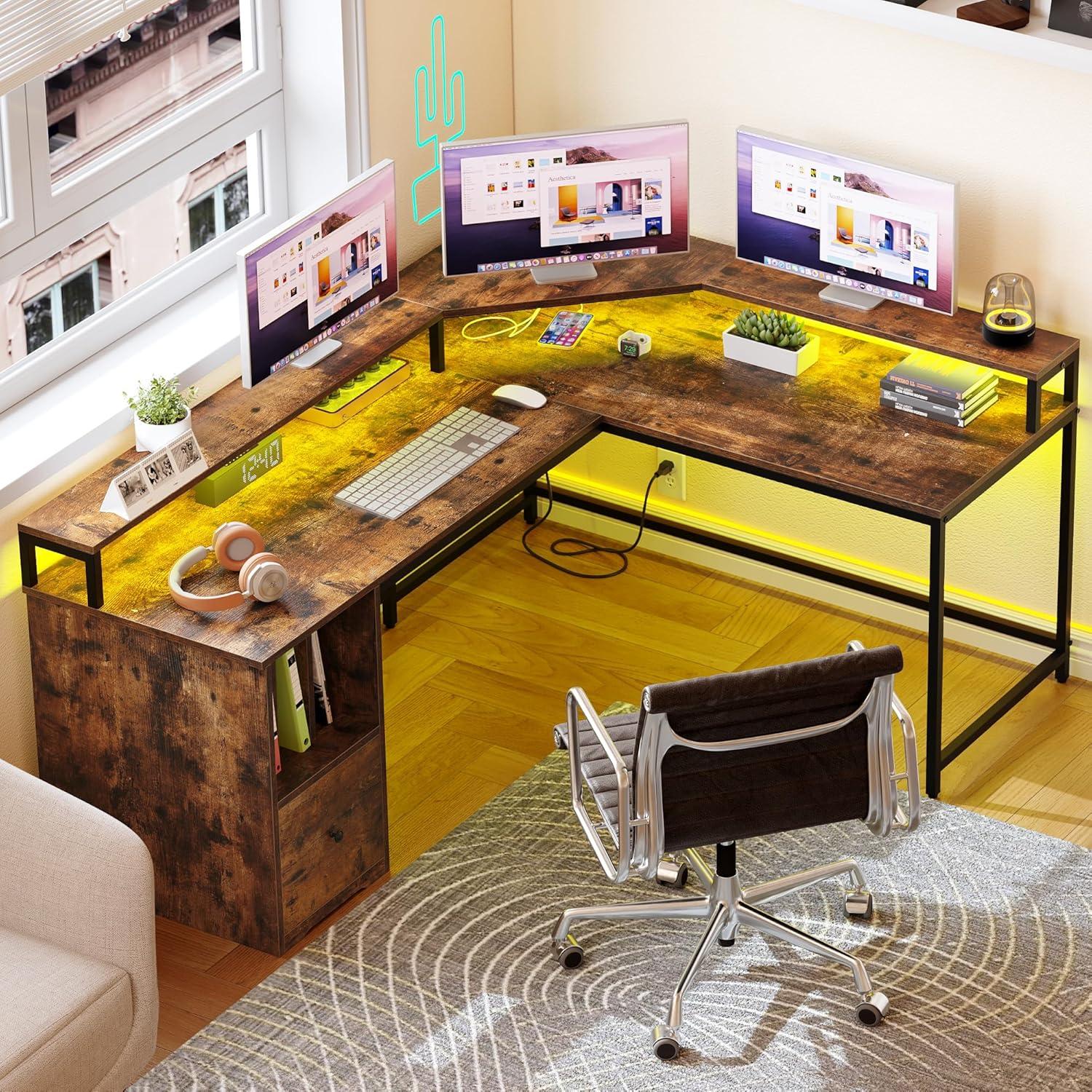 Rustic Brown L-Shaped Computer Desk with Power Outlets and Drawer