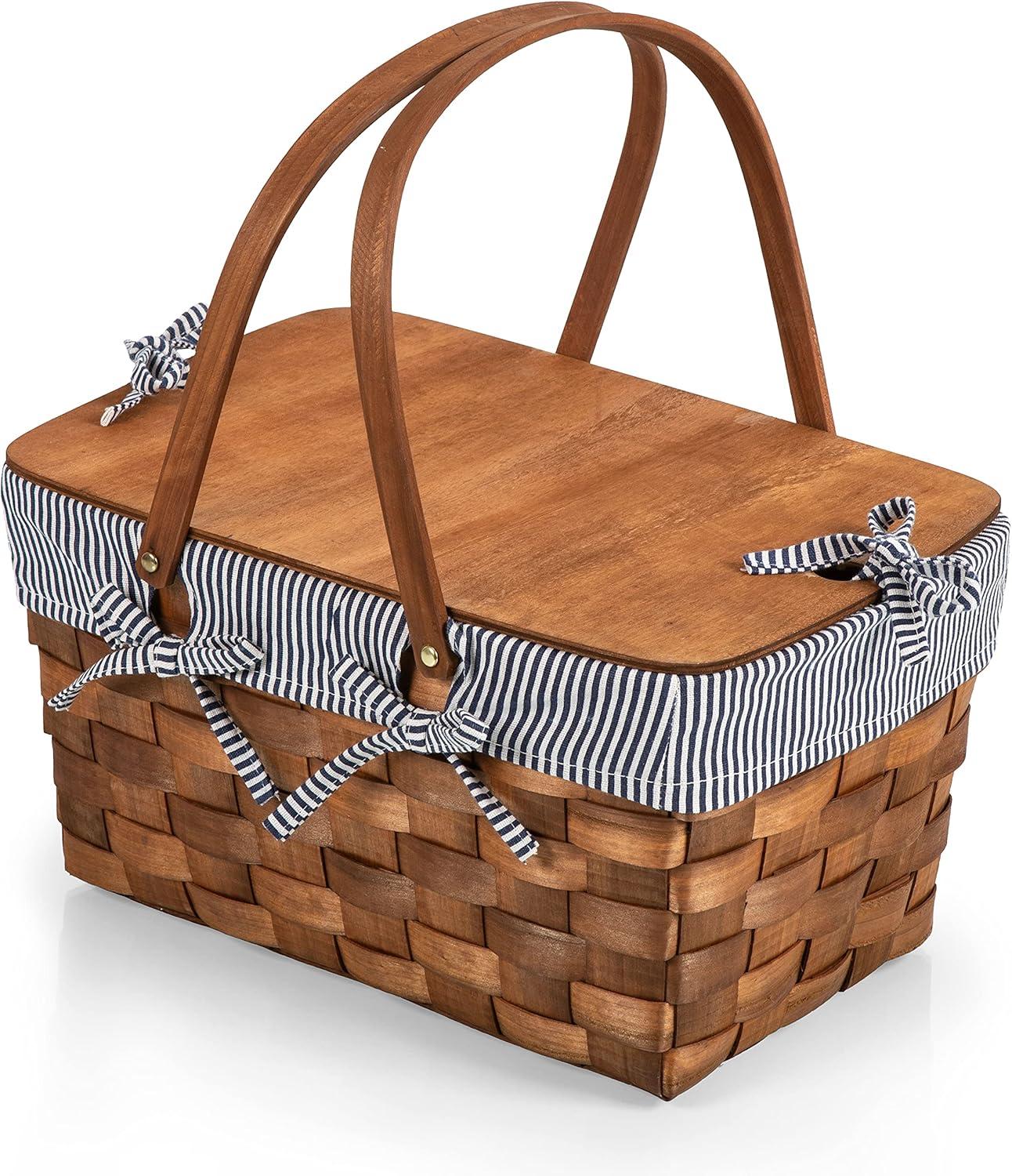 Picnic Time Kansas Handwoven Wood Picnic Basket with Navy Blue and White Stripe