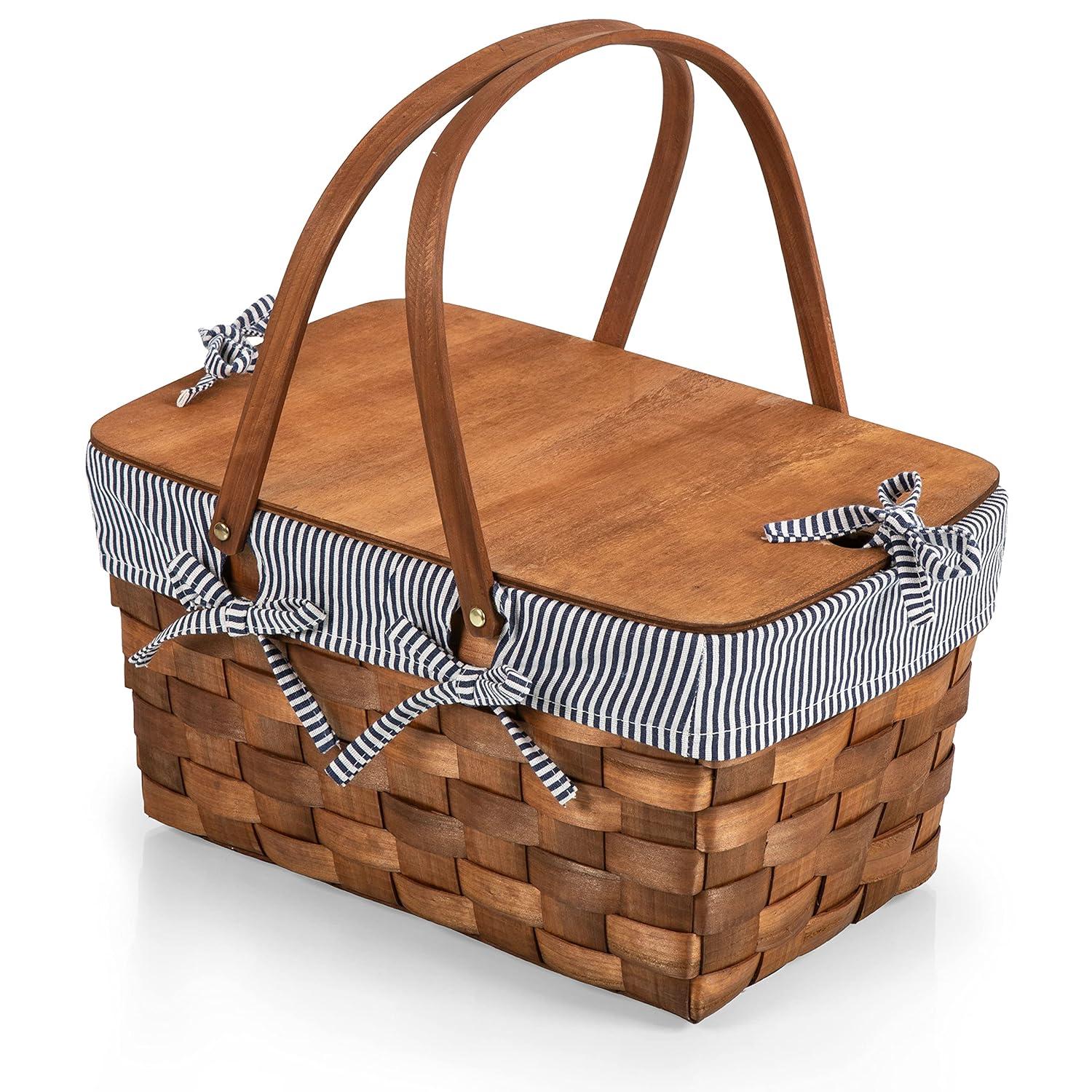 Picnic Time Kansas Handwoven Wood Picnic Basket with Navy Blue and White Stripe