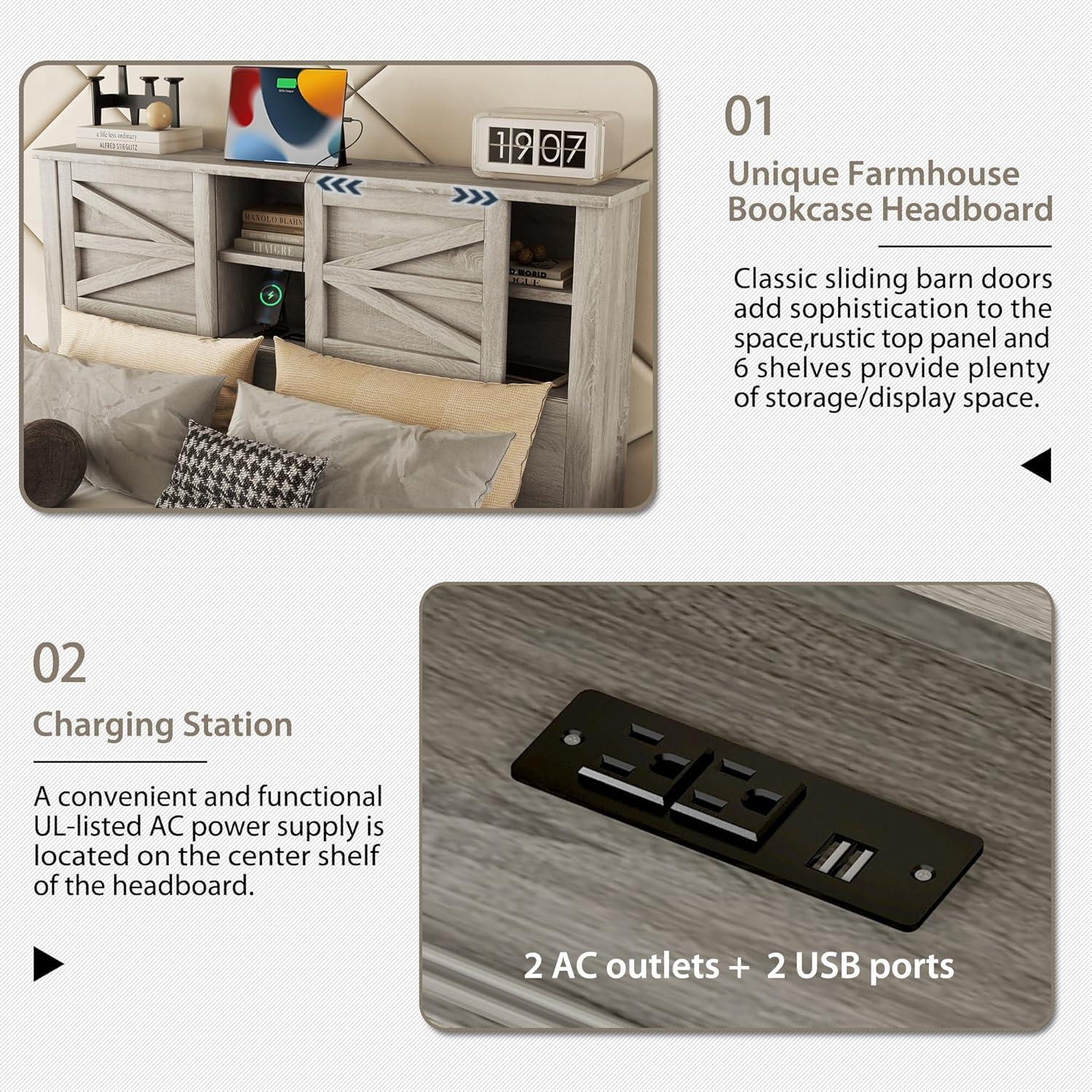 Farmhouse 3-Pieces Bedroom Sets, Queen Size Platform Bed with a Nightstand and 6-drawer Storage, Wood Platform Bed with Double Sliding Door Storage Headboard and Charging Station (Antique Gray-3)