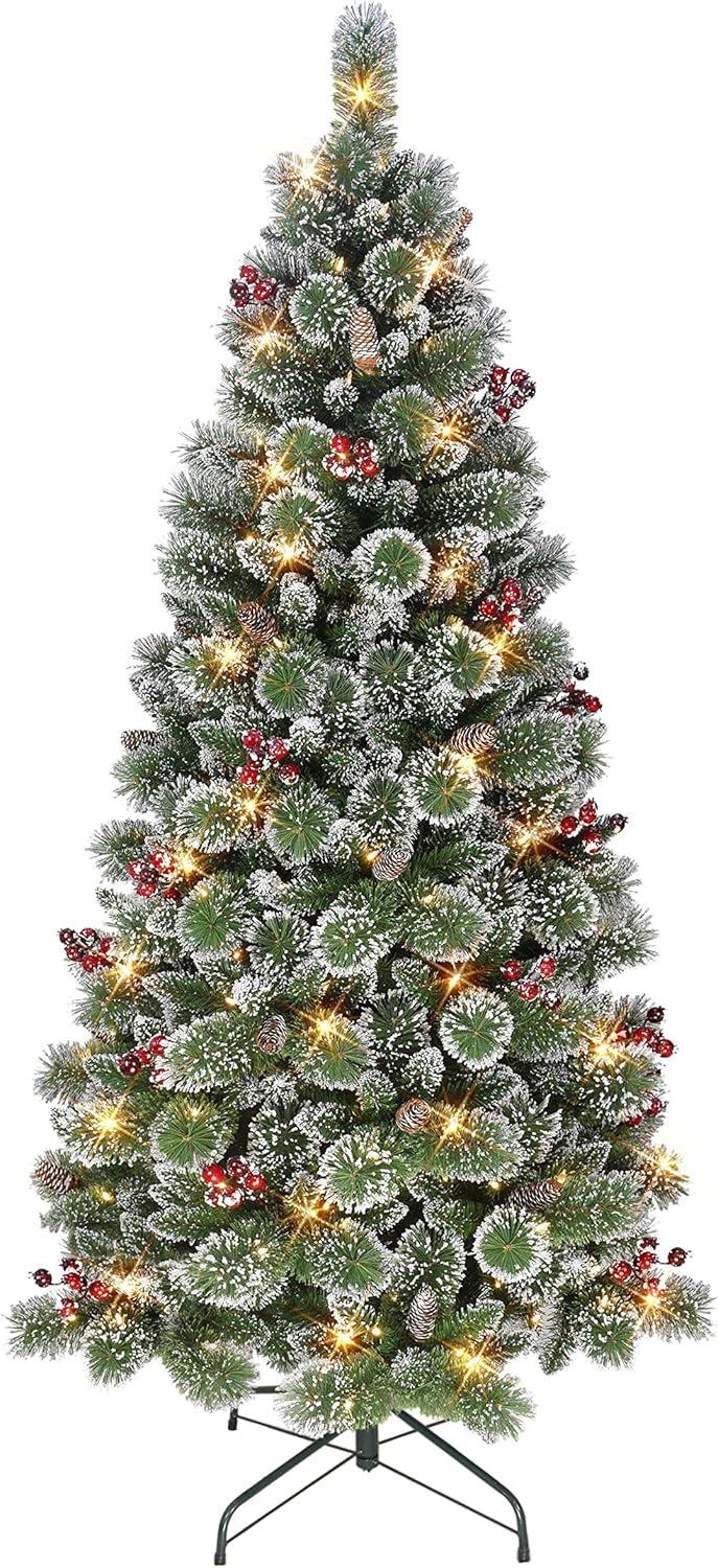 6.5 ft Pre-lit Snowy Pine Christmas Tree with Warm White LED Lights