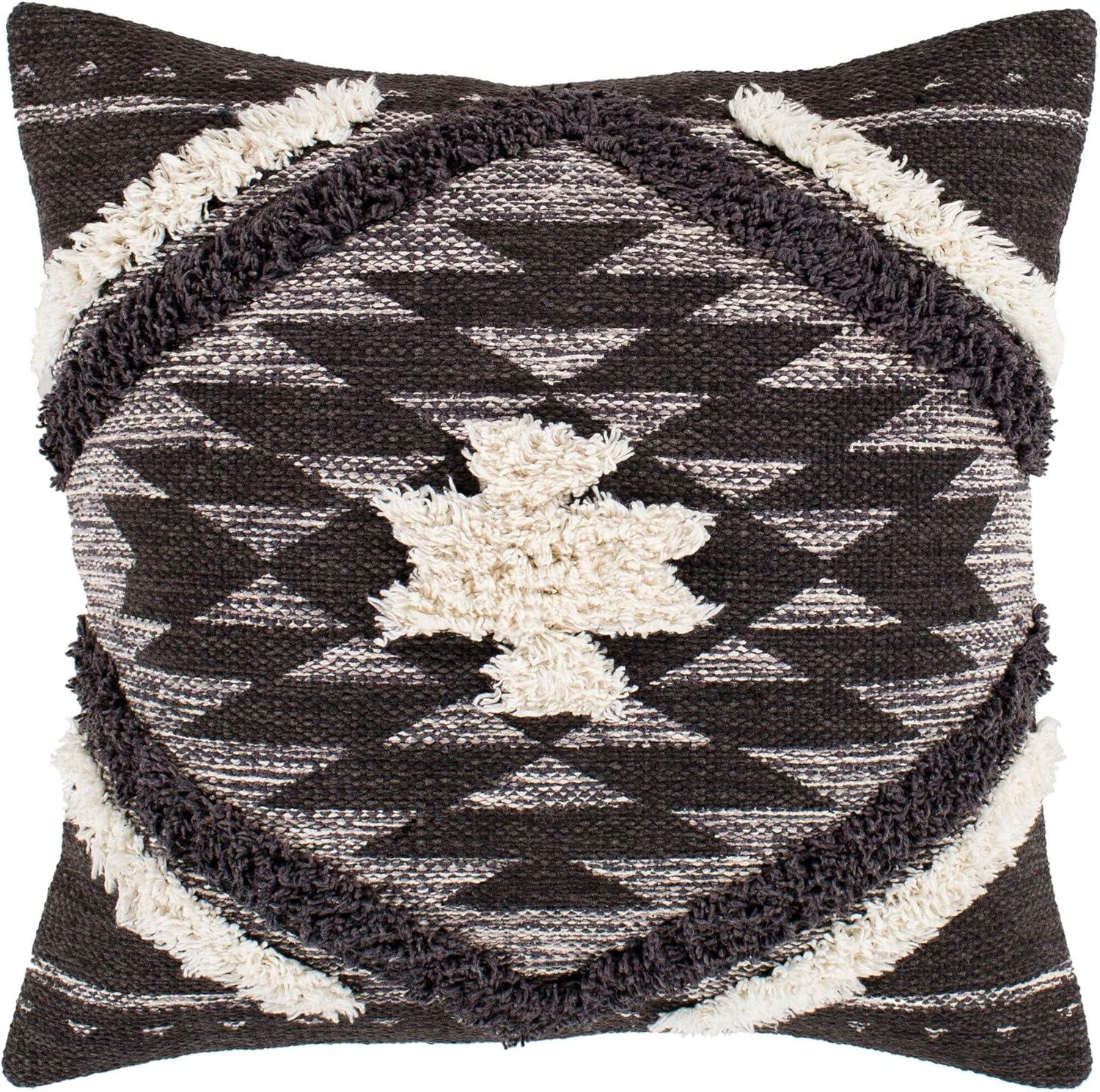 Black and Cream Boho Shag Cotton Throw Pillow 20" x 20"