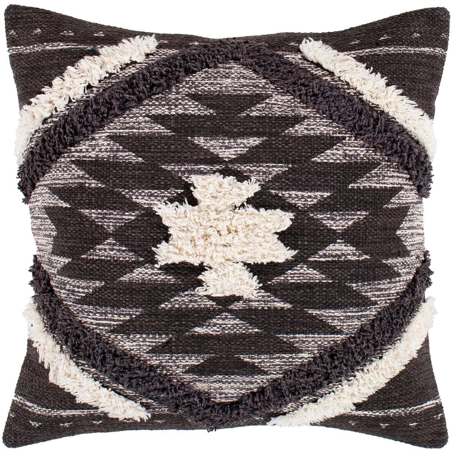Black and Cream Boho Shag Cotton Throw Pillow 20" x 20"
