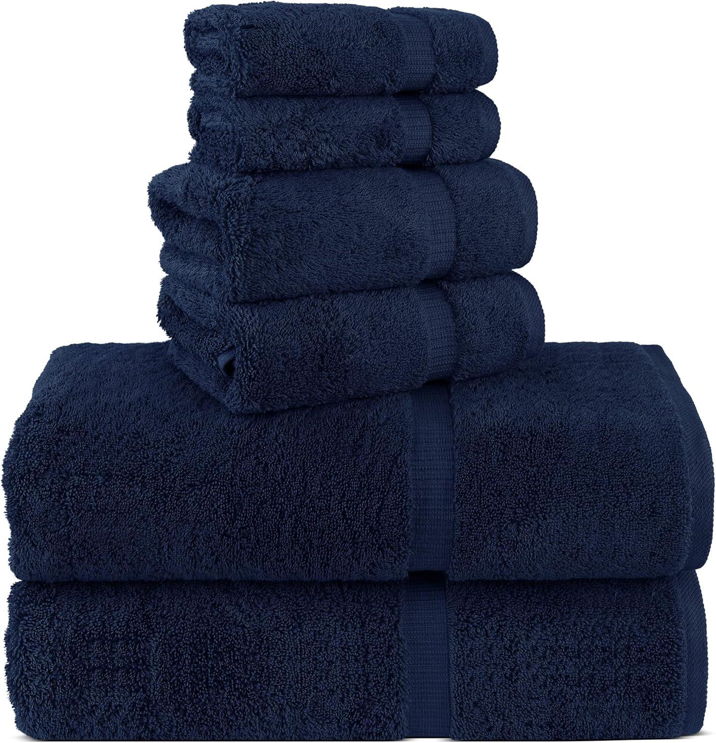 Luxury Hotel & Spa Quality, Quick Dry 100% Turkish Cotton, 700 GSM, Eco Friendly Towel, Bathroom and Kitchen Dobby Border Towels, 2-Bath Towel, 2-Hand Towel, 2-Washcloth (Bundle Set of 6, Navy Blue)