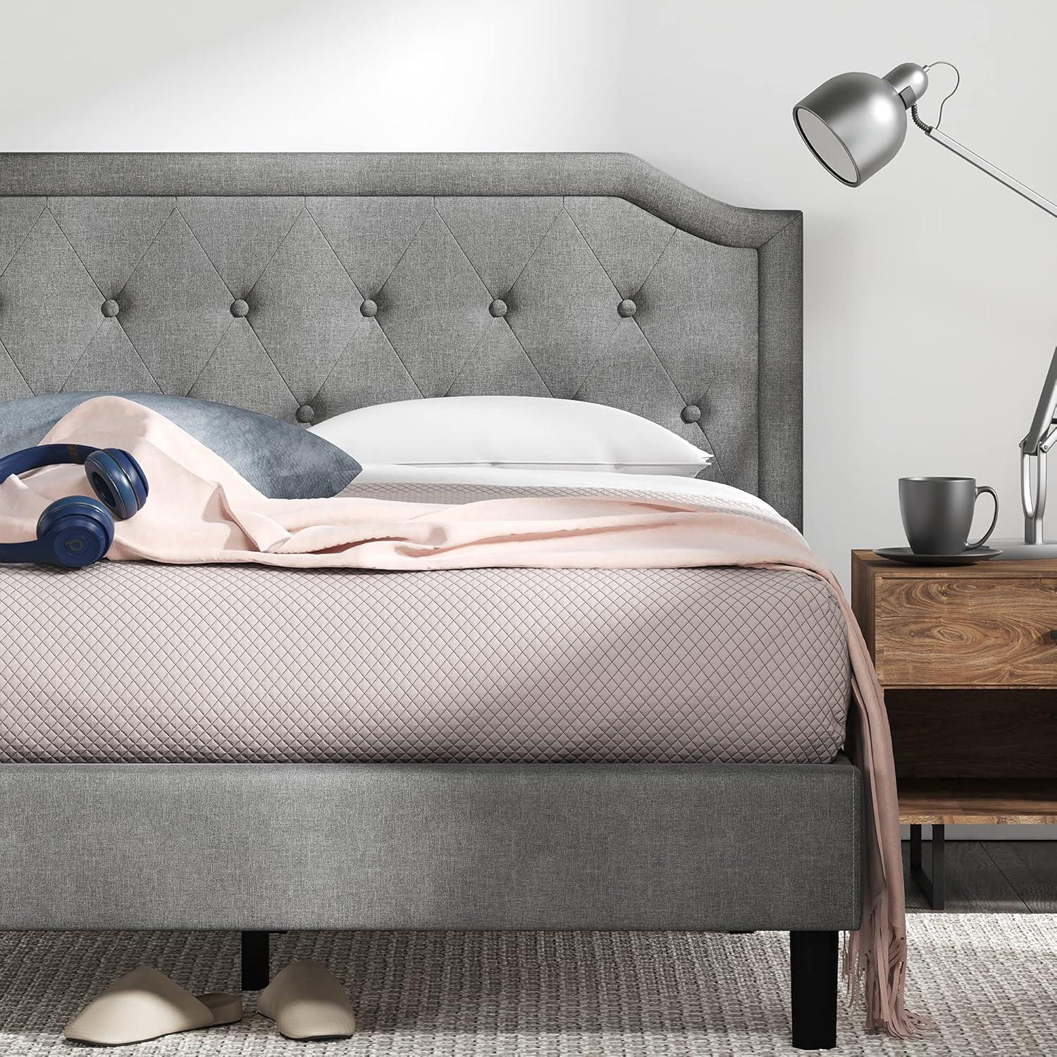 Queen-Sized Scalloped Edge Upholstered Platform Bed with Tufted Headboard