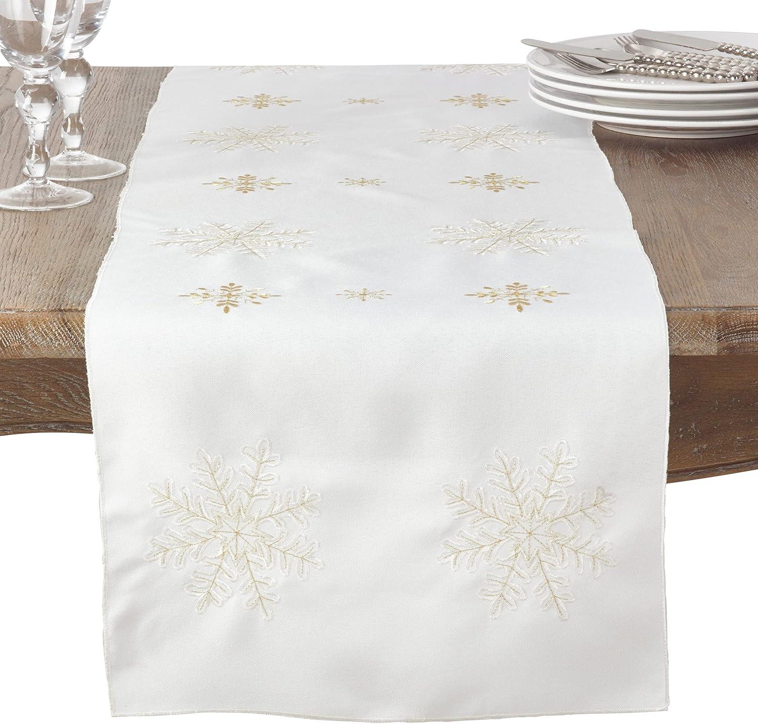 Ivory Polyester Snowflake Embroidered Winter Table Runner