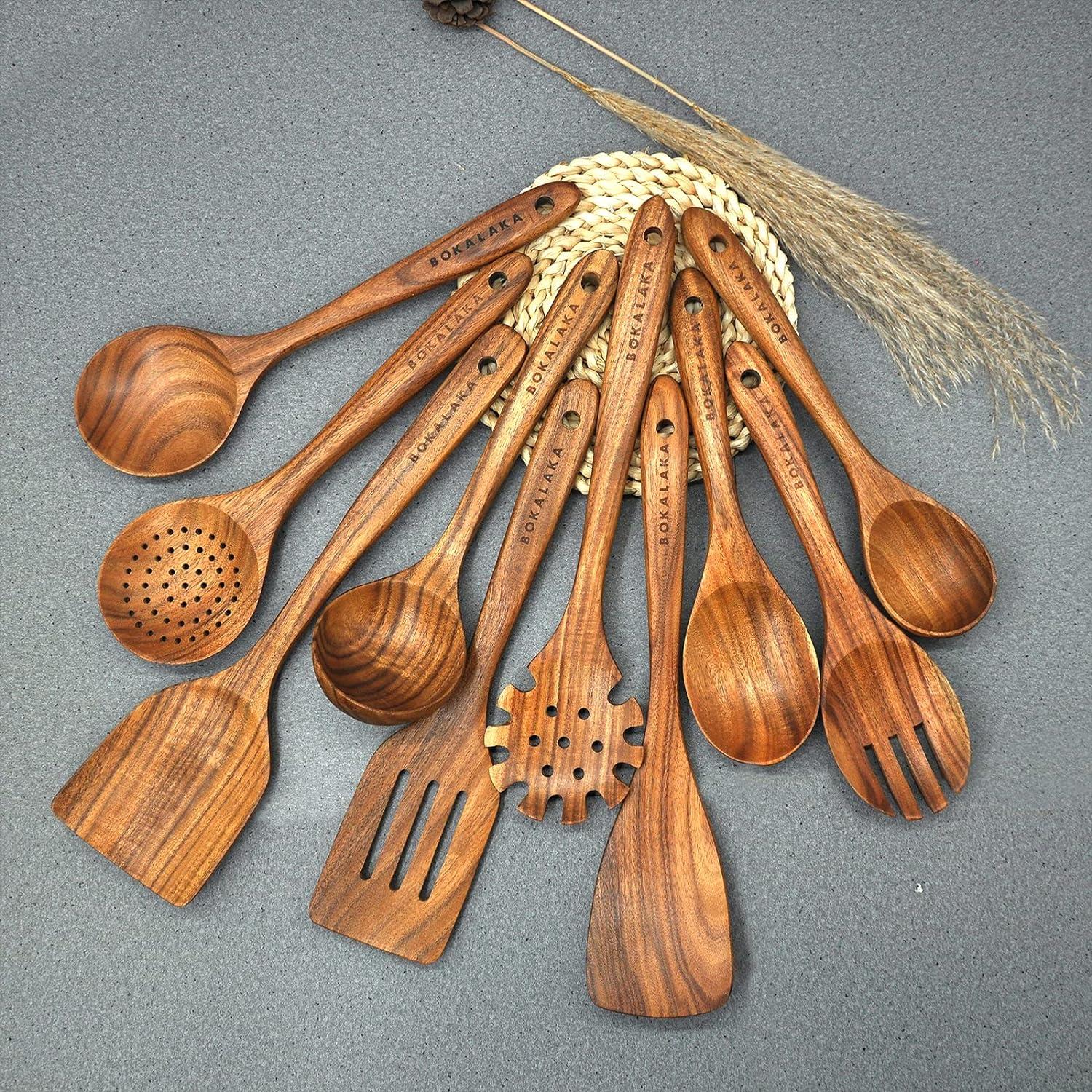 Natural Teak 10-Piece Wooden Kitchen Utensil Set