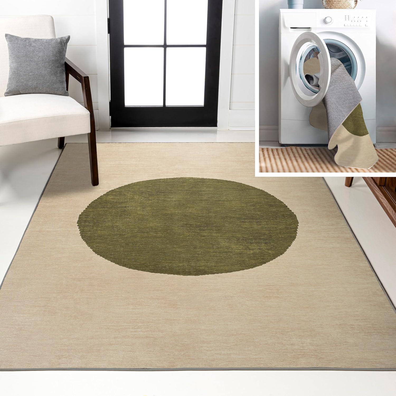 4' x 6' Cirkel Minimalist Geometric Dot Machine-Washable Area Rug, Cream/Olive - JONATHAN Y