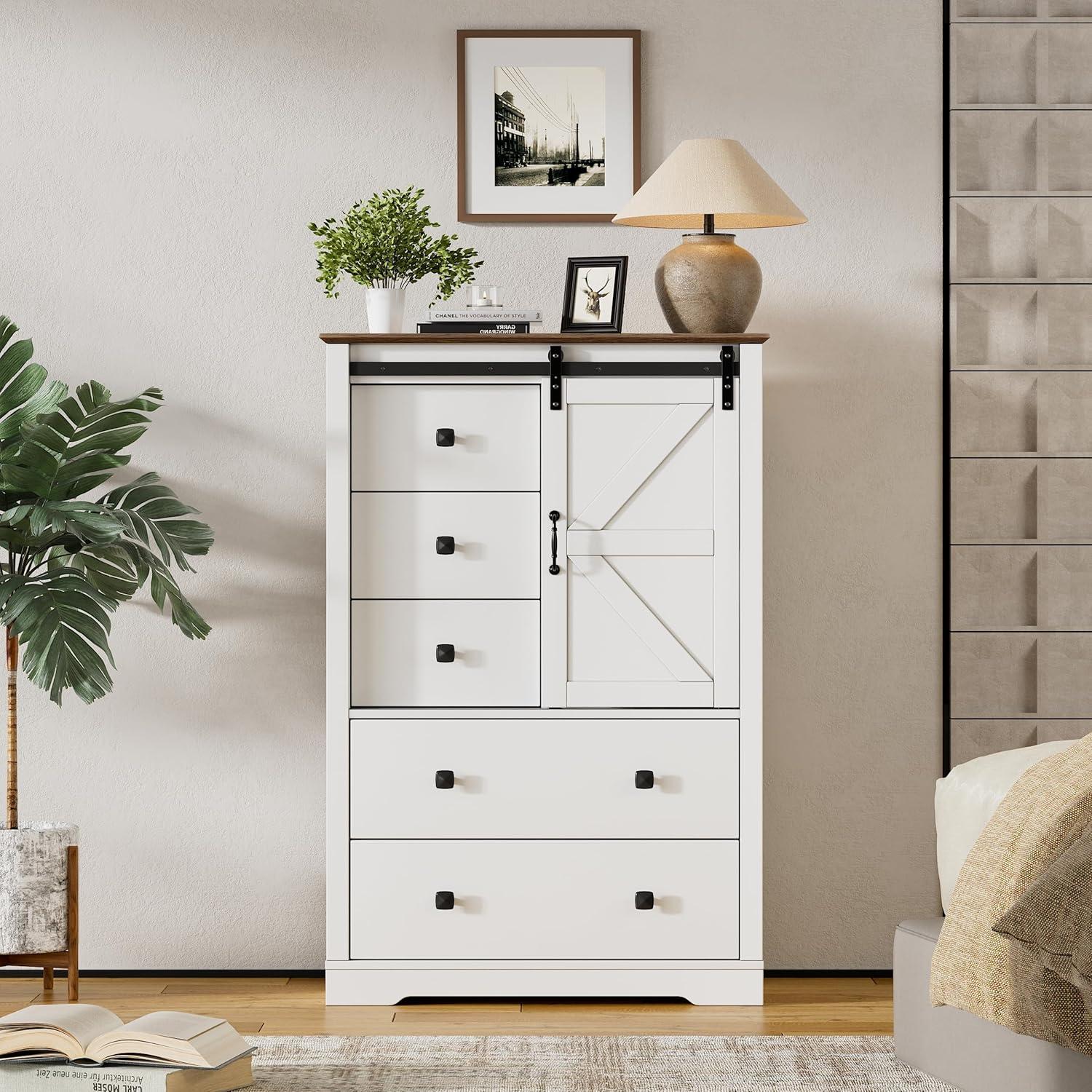 White and Black Farmhouse Sliding Barn Door Dresser